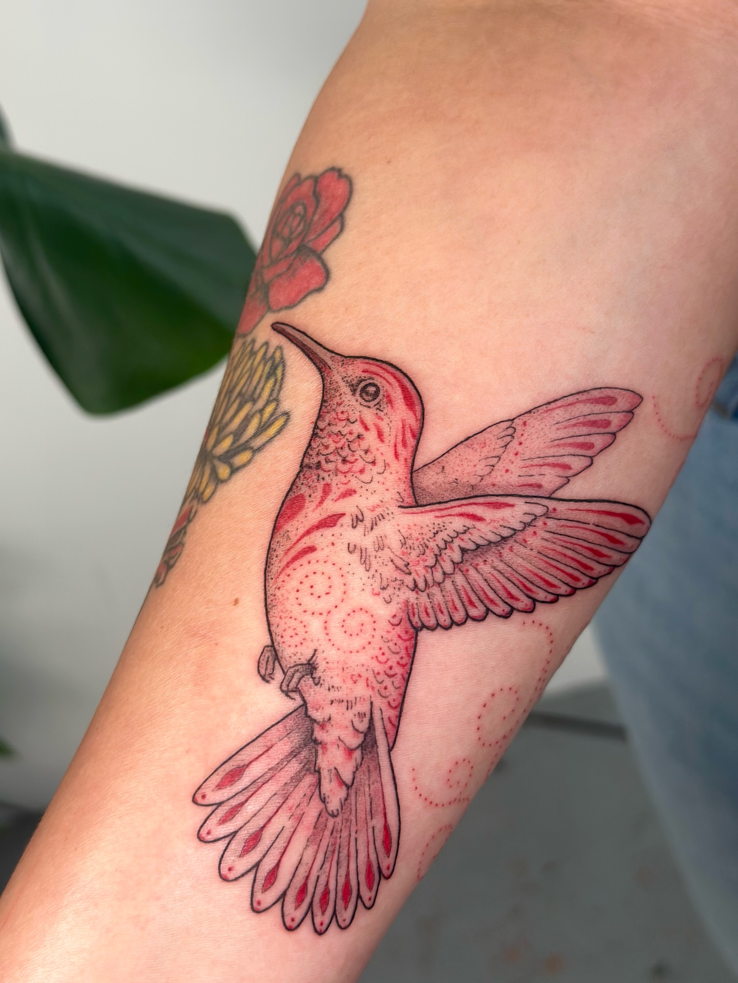 Hummingbird dotwork tattoo on the forearm by Santiago Don, Portland, Oregon