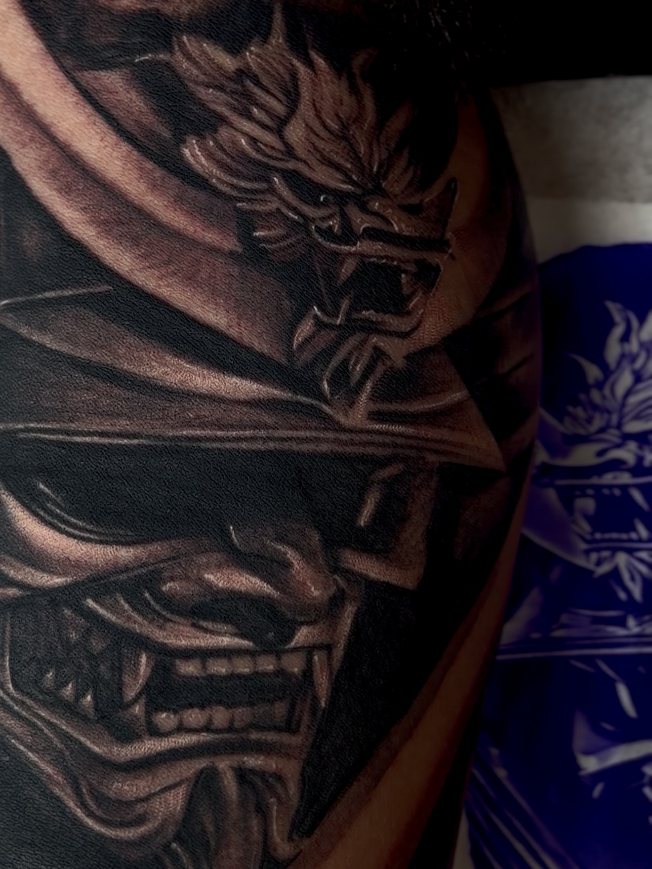 Samurai mask dark realism tattoo on the forearm by Raul Rodriguez