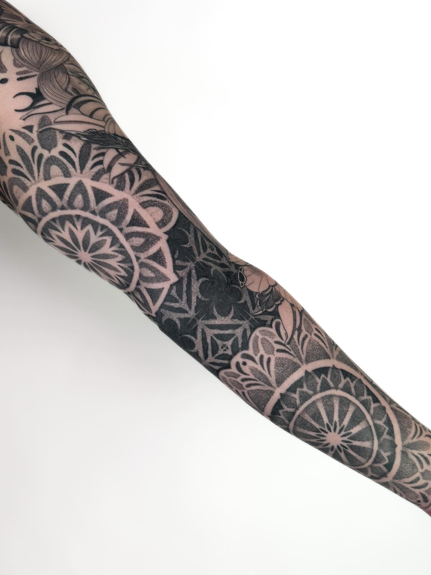 Mandala black and grey tattoo on the forearm by Jamie Beach, Wheat Ridge, Colorado