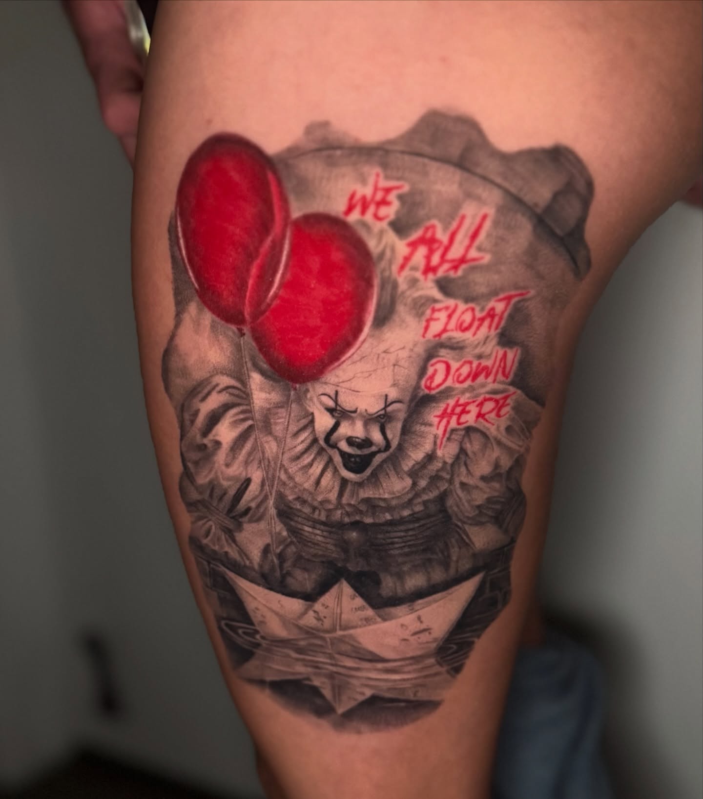Pennywise with balloons realism tattoo on the thigh by Hannah Marie ๐ฆ, Benbrook, Texas