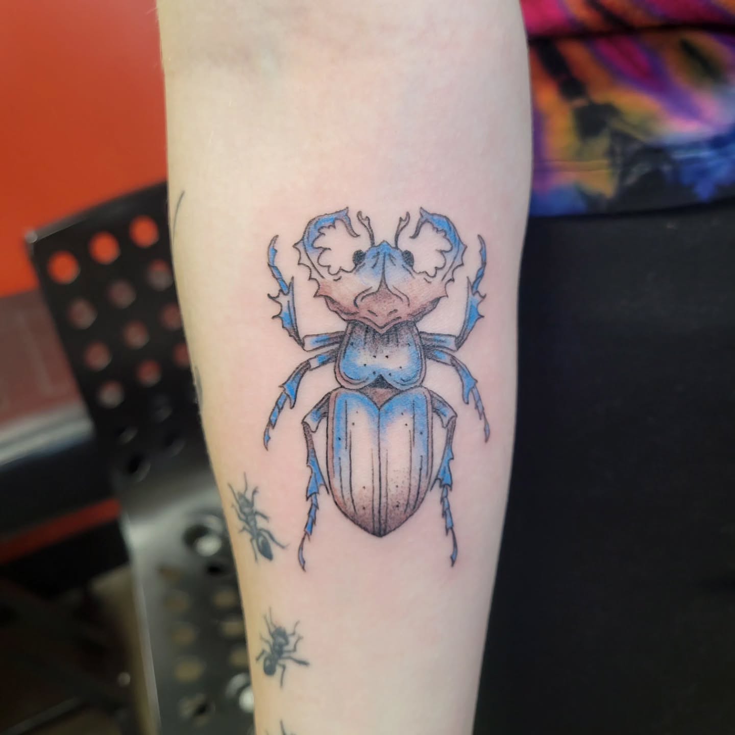 Scarab beetle dotwork tattoo on the forearm by Aspen C