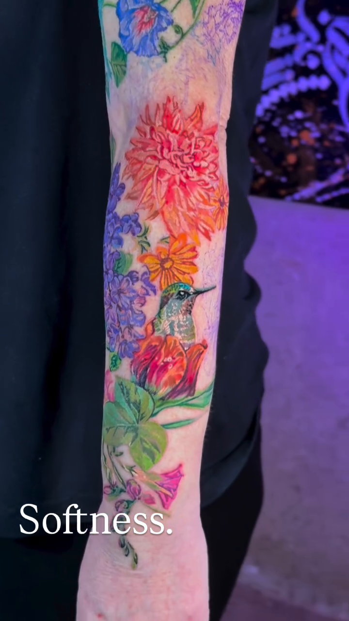 Hummingbird and flowers realism tattoo by Colorful Tattoos by Cody Dean