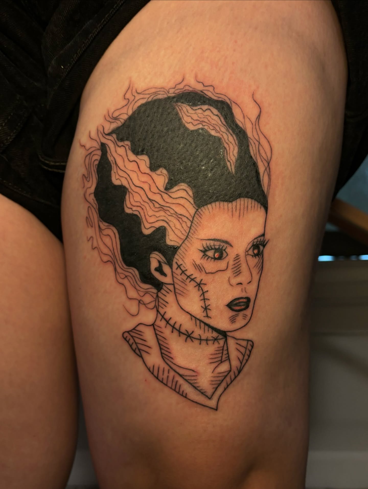 Woman with stitches realism tattoo on the thigh by the ink witch ๐ฎ๐ค๐