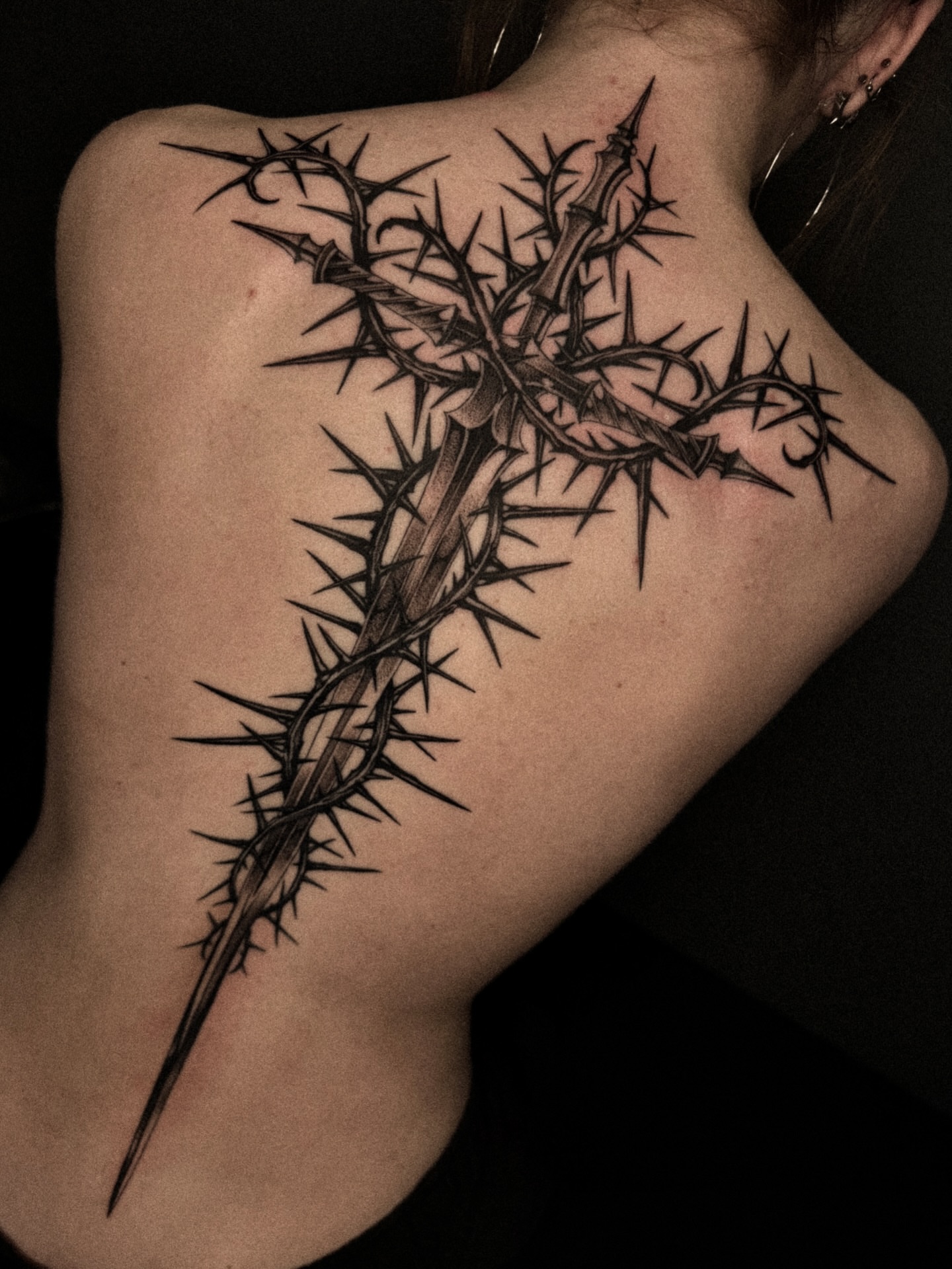 Thorn cross black and grey tattoo by David Ha