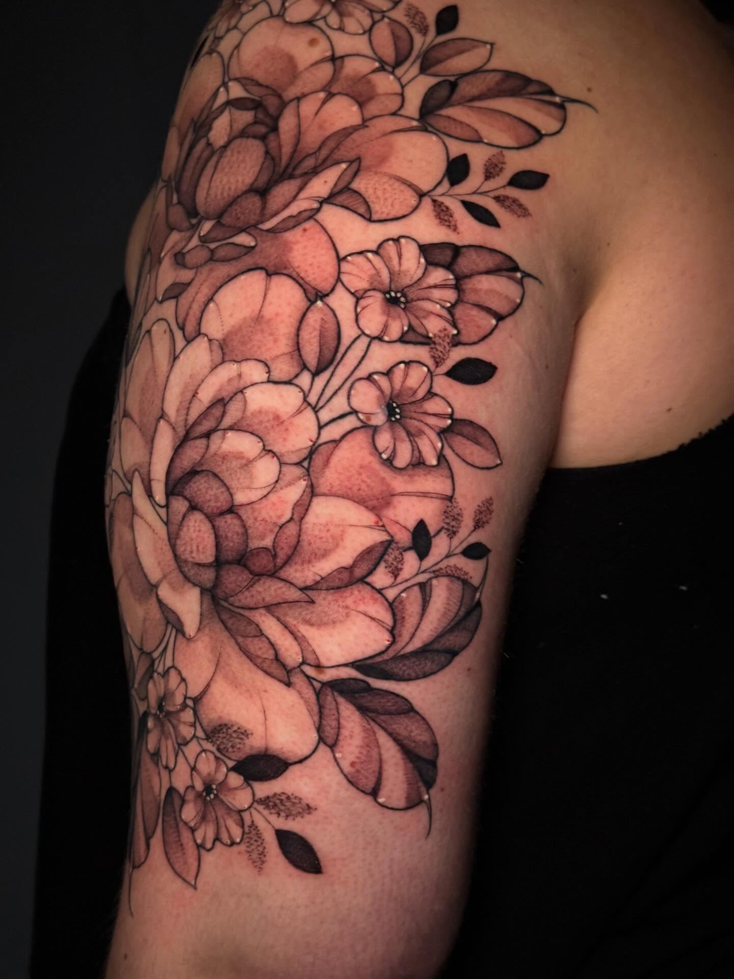 Floral bouquet black and grey tattoo on the shoulder by Andreanna Rosemarie Gabranidis, Pennsauken, New Jersey