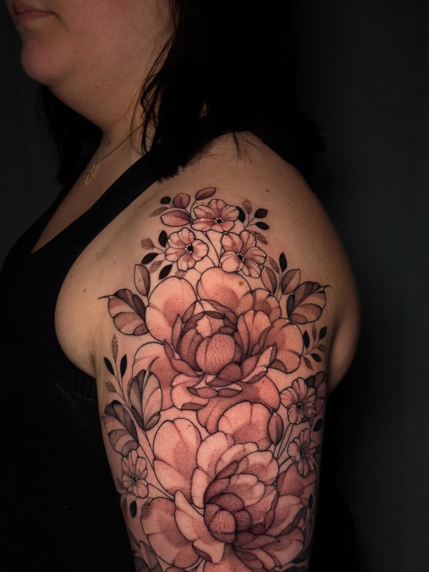 Floral bouquet black and grey tattoo on the shoulder by Andreanna Rosemarie Gabranidis, Pennsauken, New Jersey