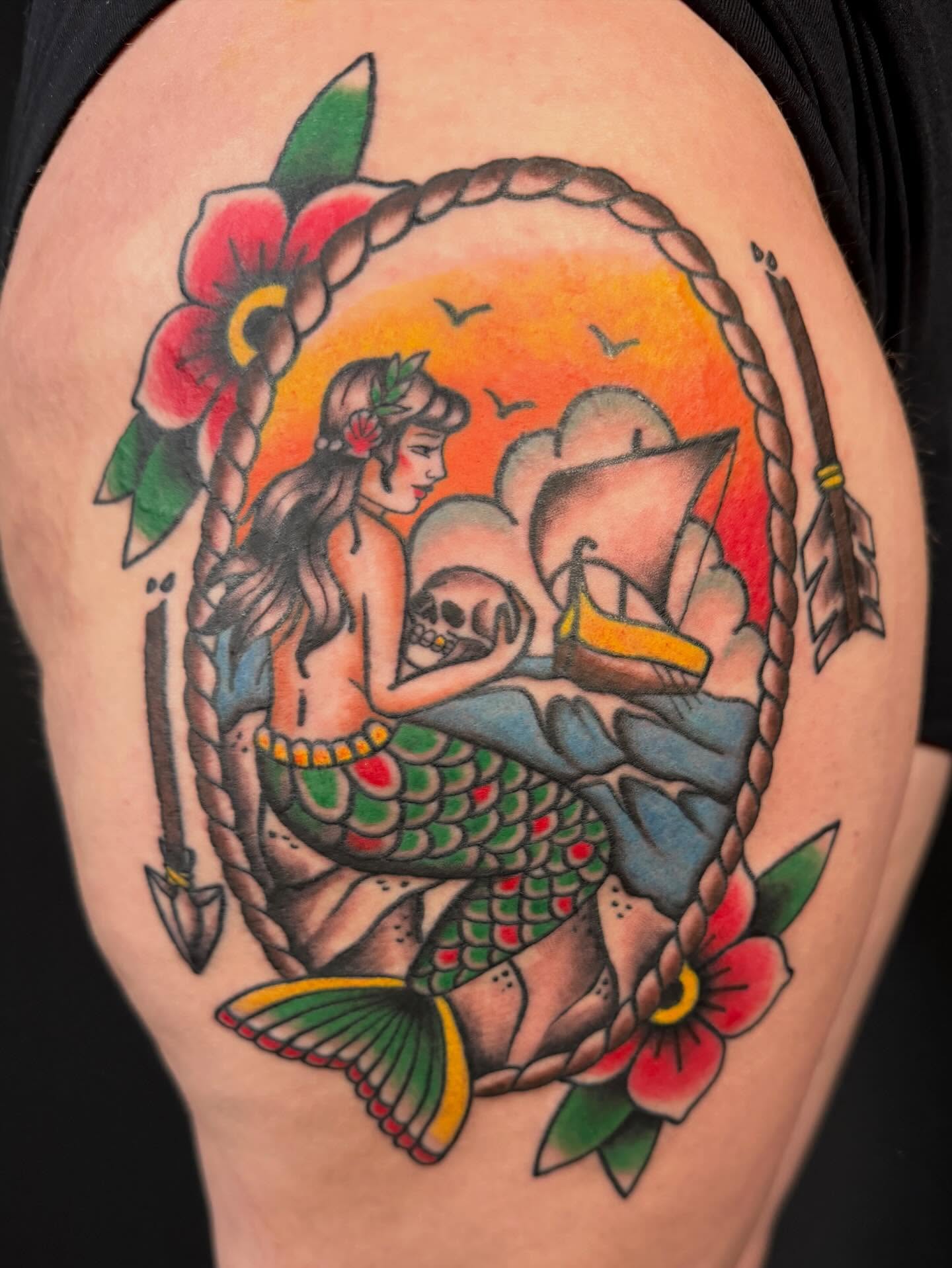Mermaid with skull American traditional tattoo on the thigh by Alaska ⚜️