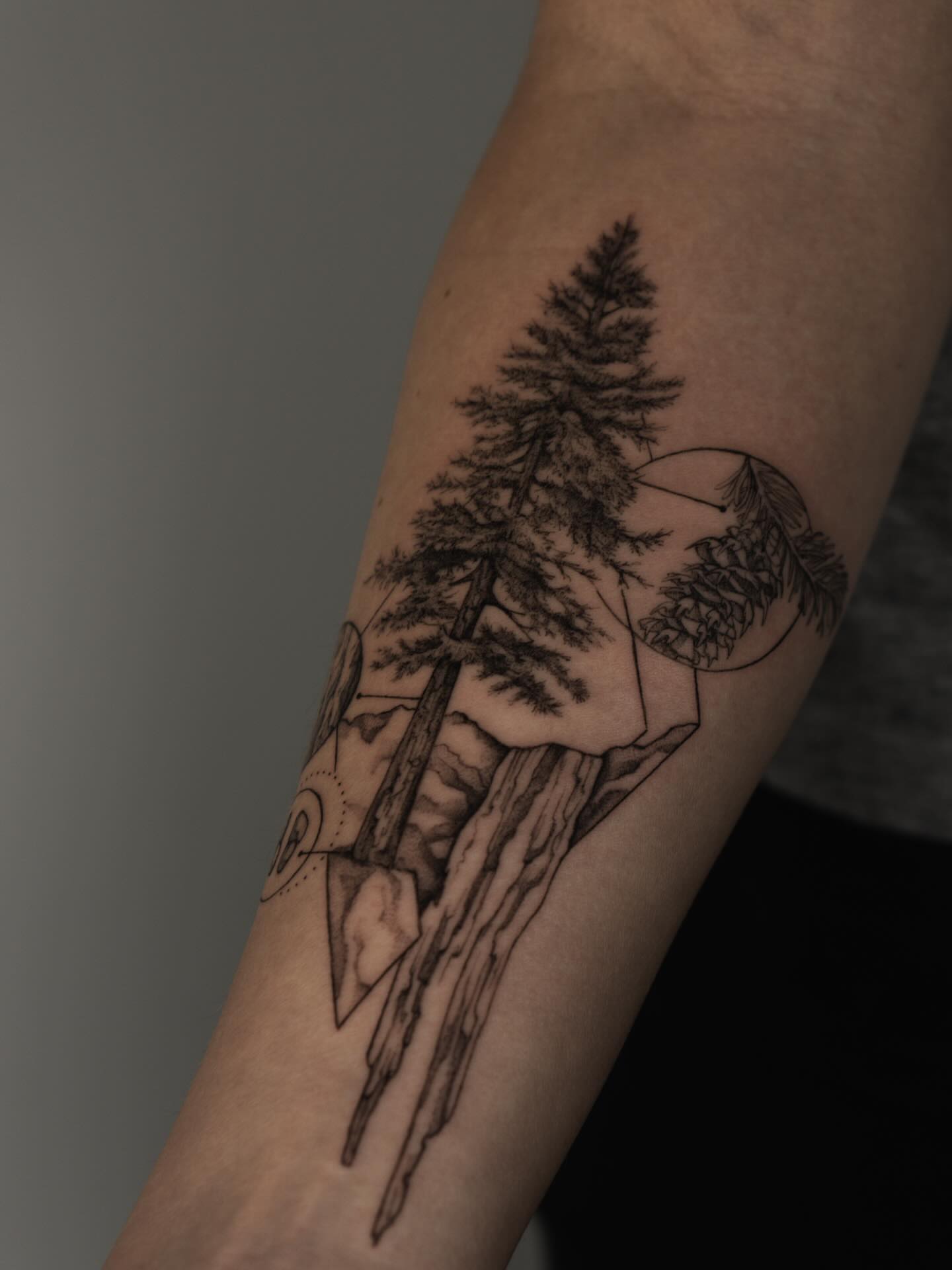Pine tree landscape realism tattoo on the forearm by ᴛᴀᴛᴛᴏᴏ ᴀʀᴛɪꜱᴛ 📍Portland, OR