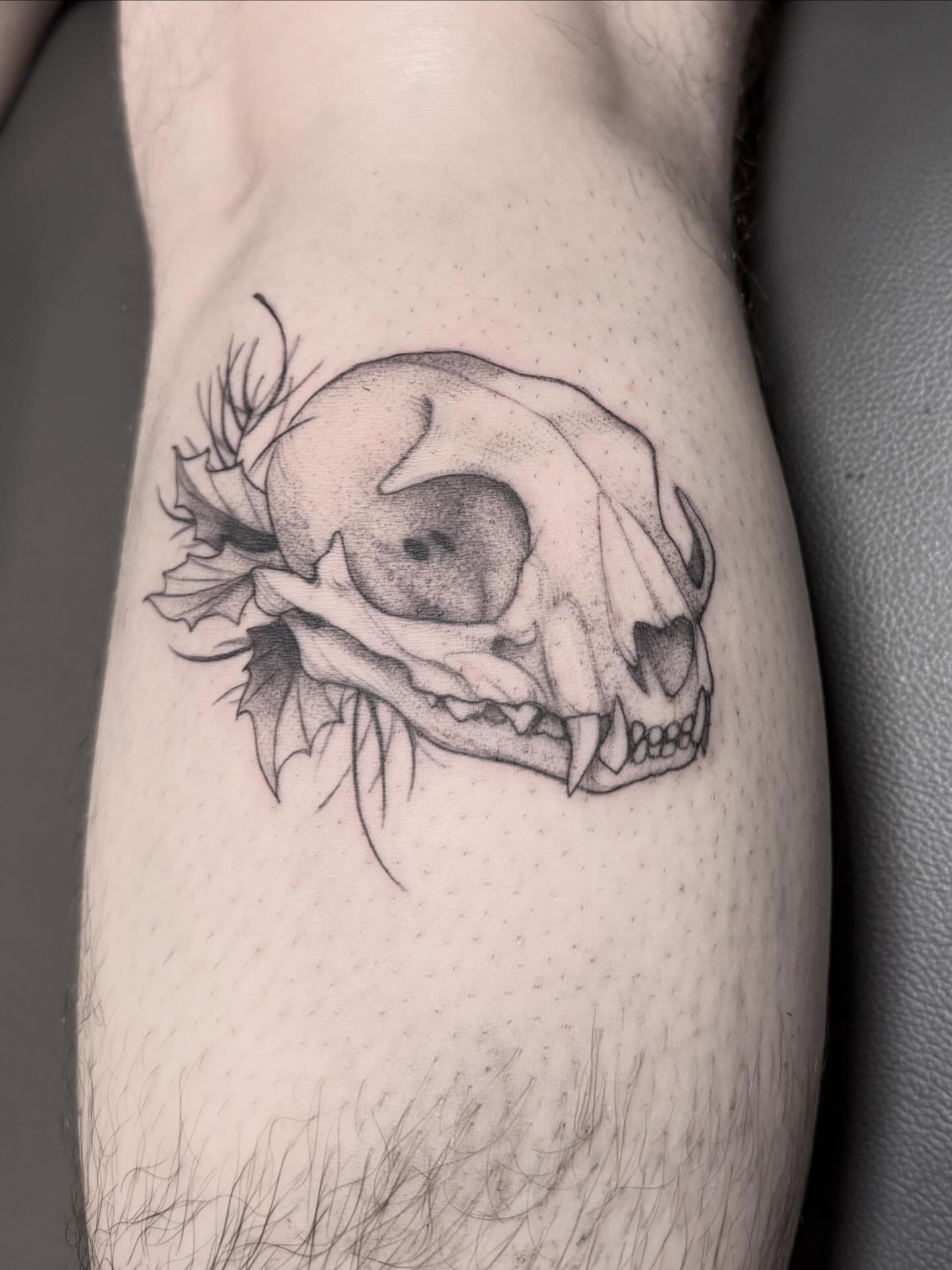 Skull dotwork tattoo on the forearm by Peter Harren