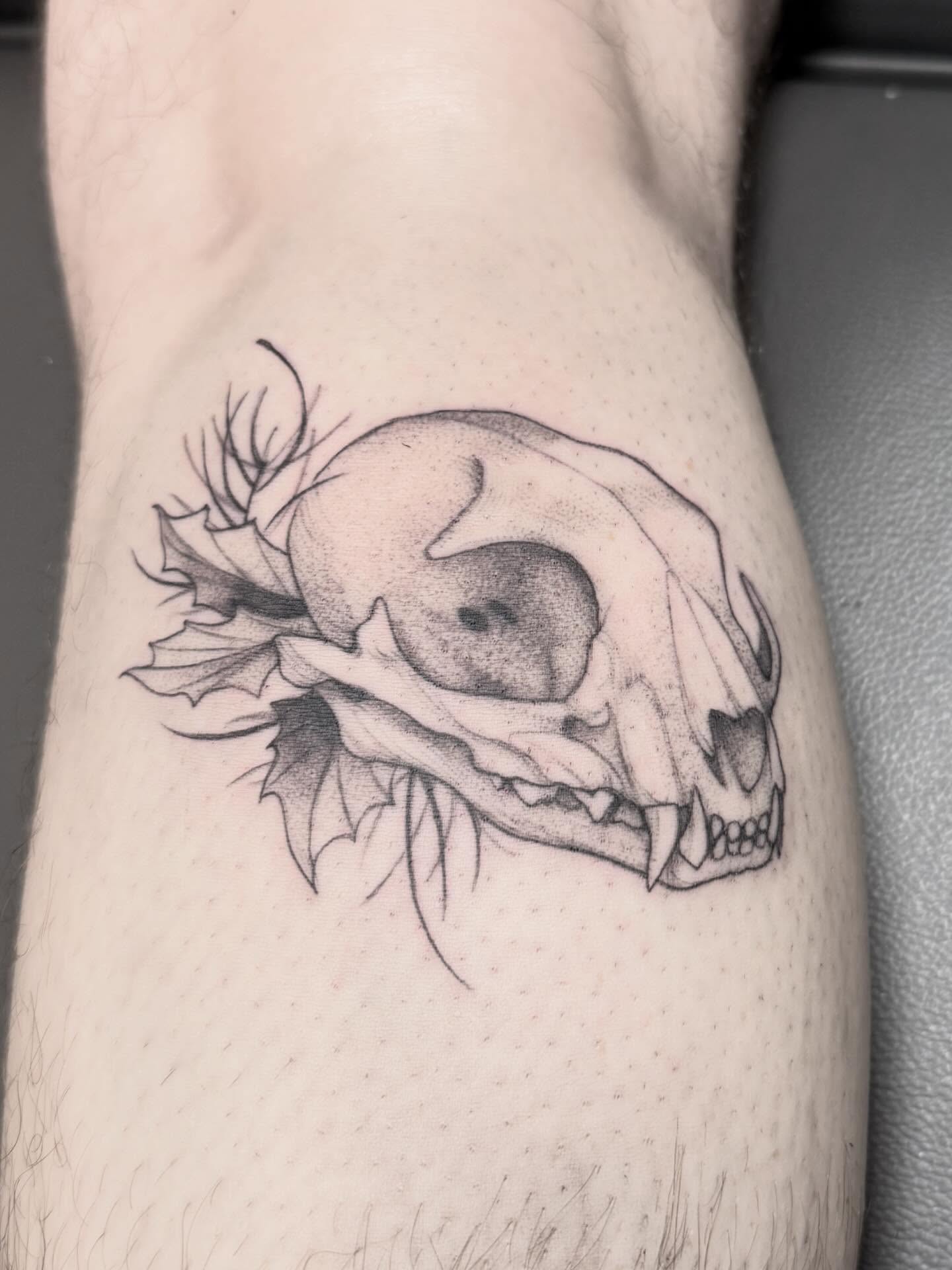 Skull dotwork tattoo on the forearm by Peter Harren