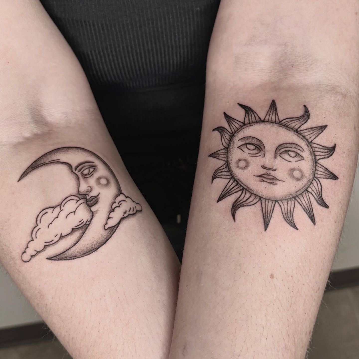 Sun and moon black and grey tattoo on the forearm by Love 🥀 222