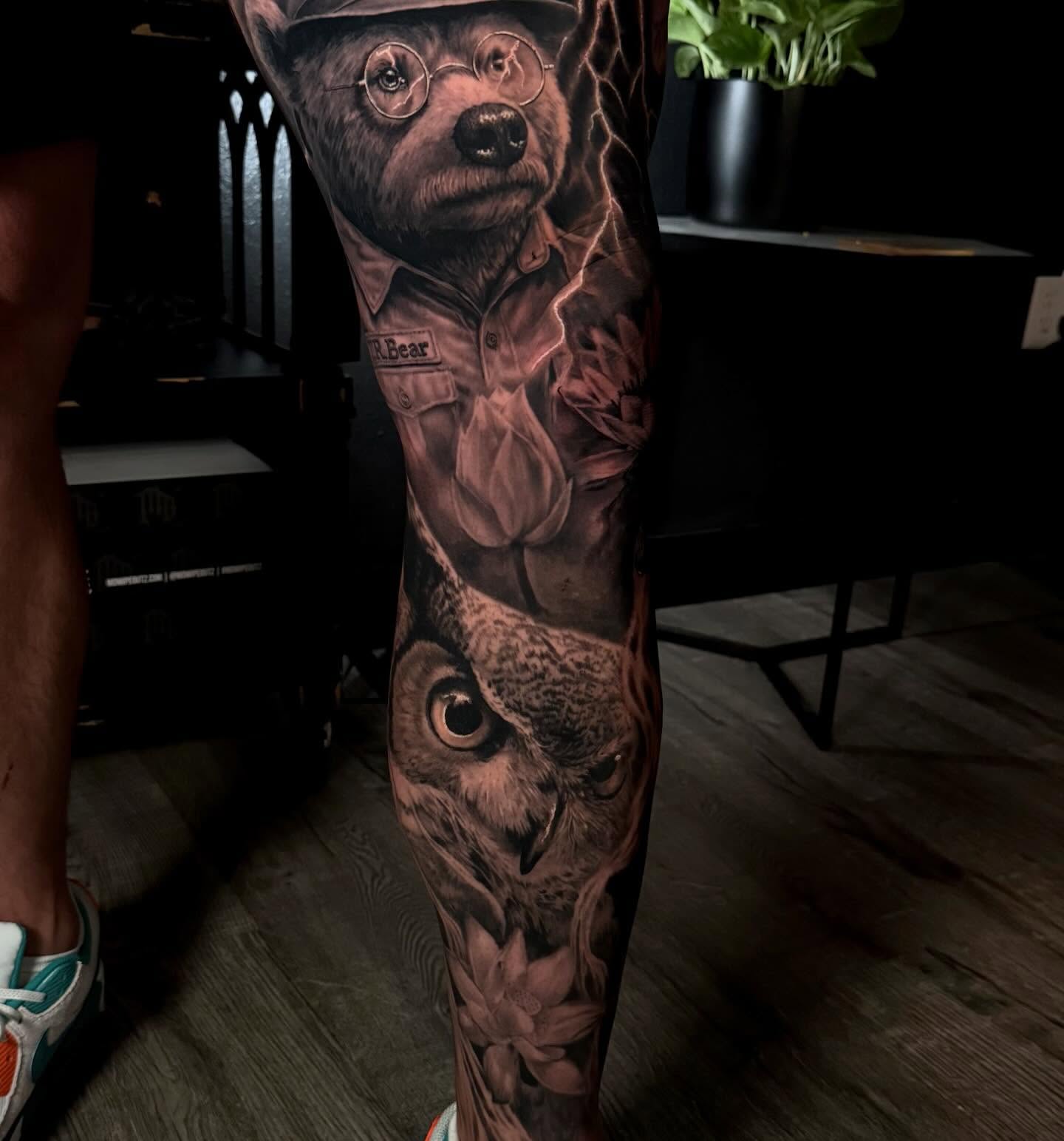 Bear and owl realism tattoo on the forearm by Matt Vaught π Dark Surrealism