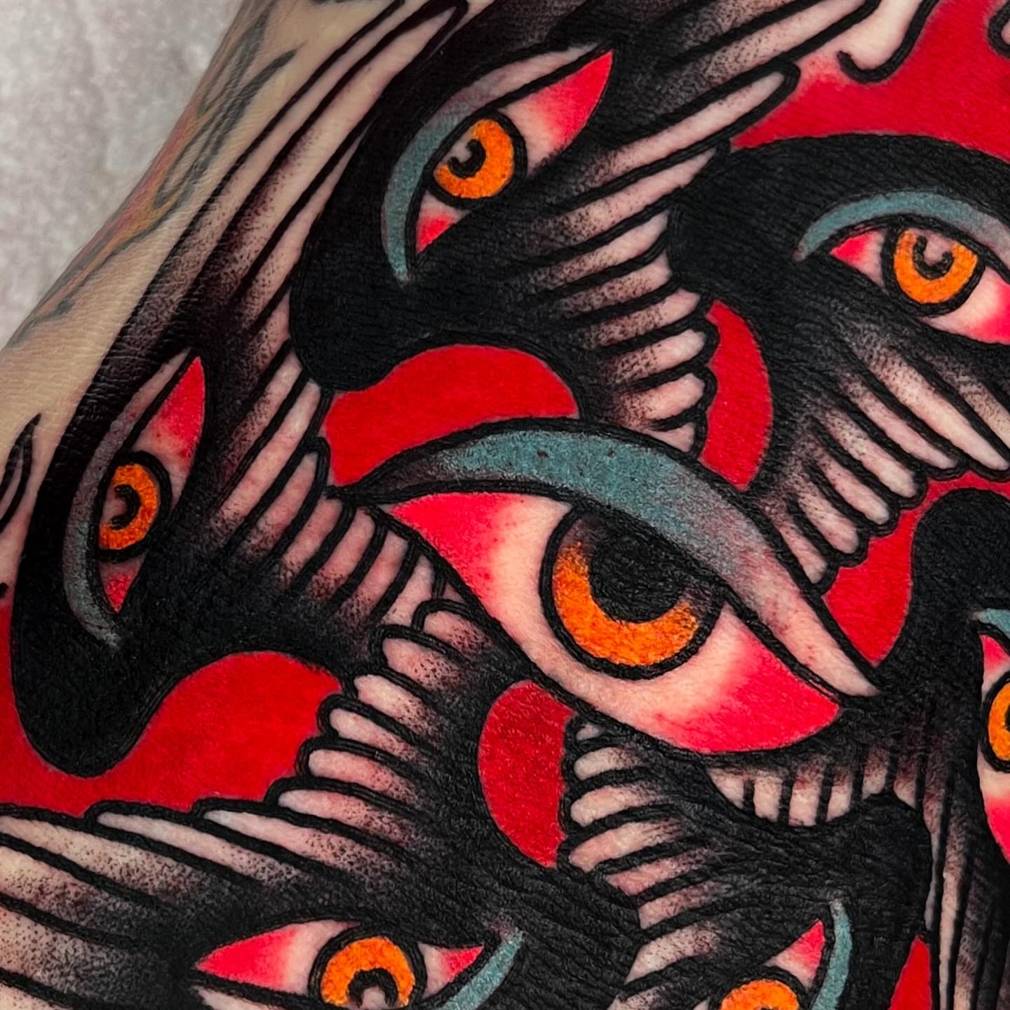 Eyes American traditional tattoo on the forearm by Sky G, Colorado Springs, Colorado
