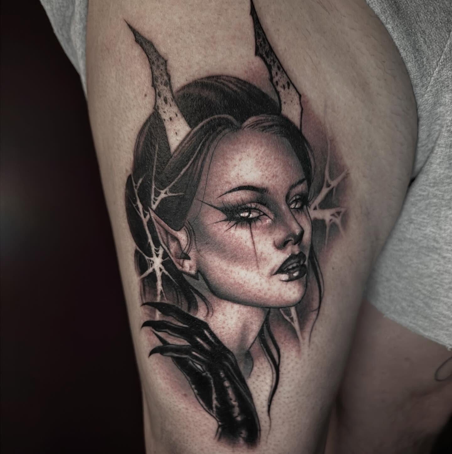 Tattoo by @hollimarieart — dark_realism, black_and_grey