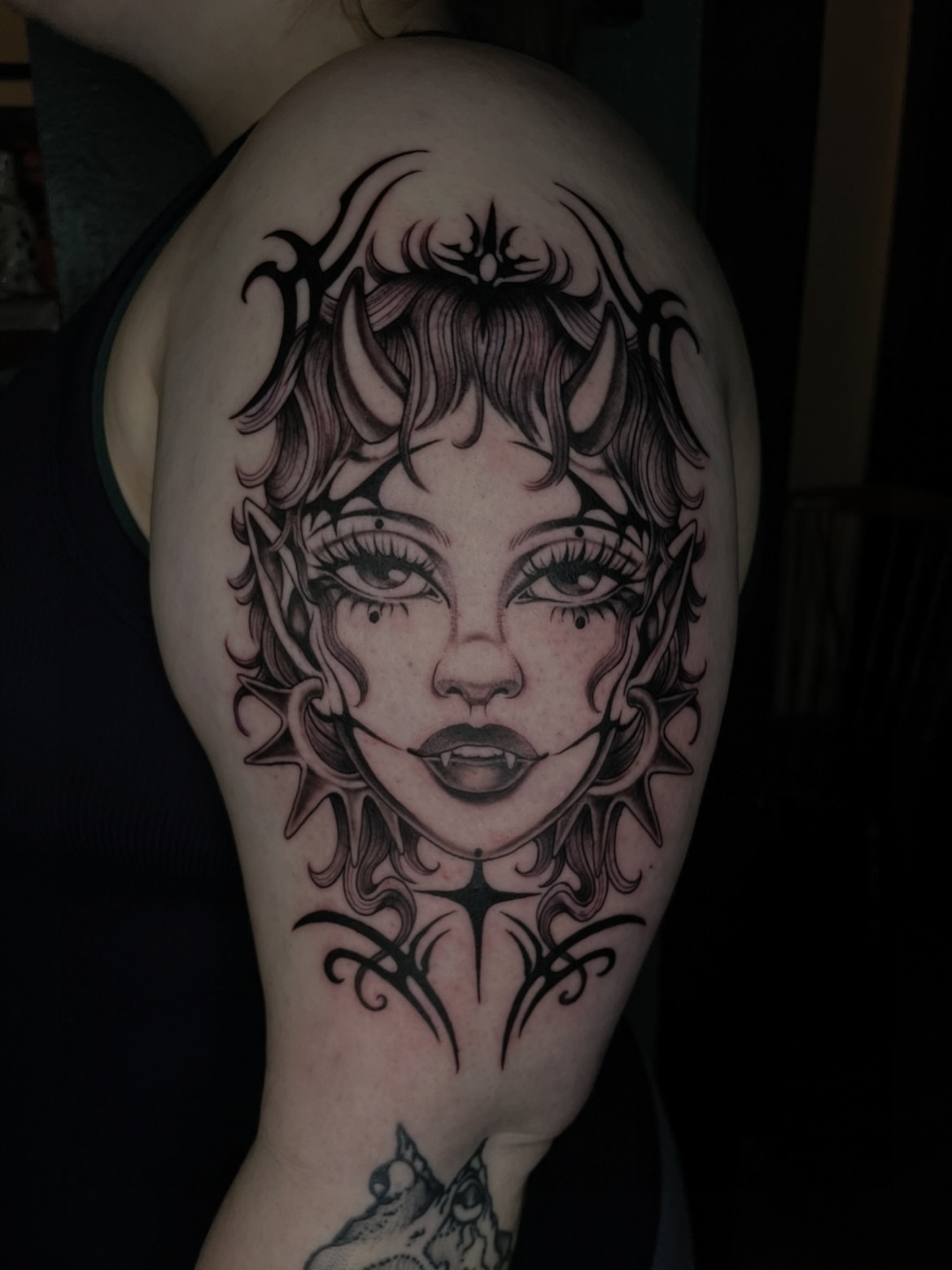 Woman's face realism tattoo on the shoulder by Eryn, Portland, Oregon