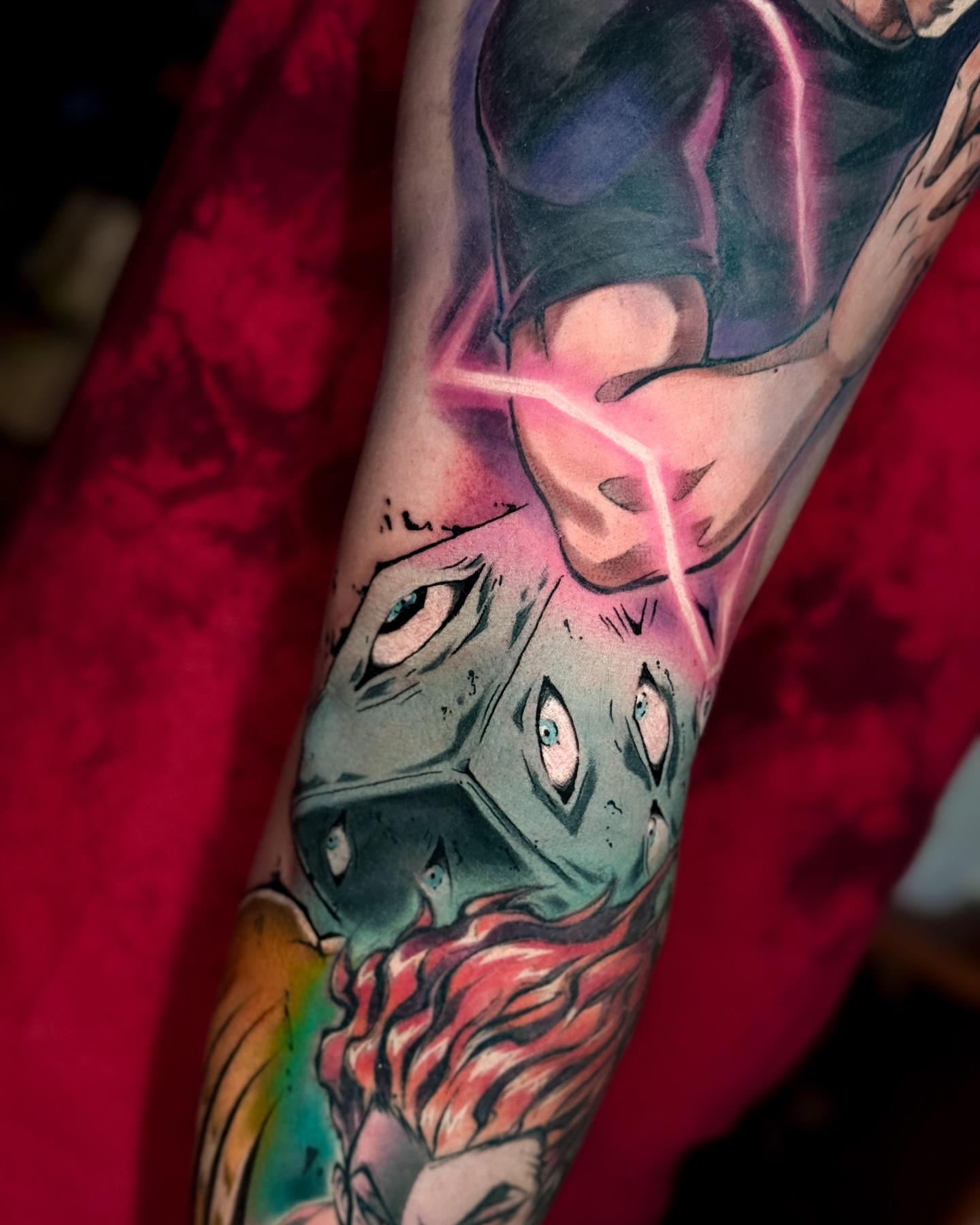 Demon with lightning dark realism tattoo on the forearm by Anime