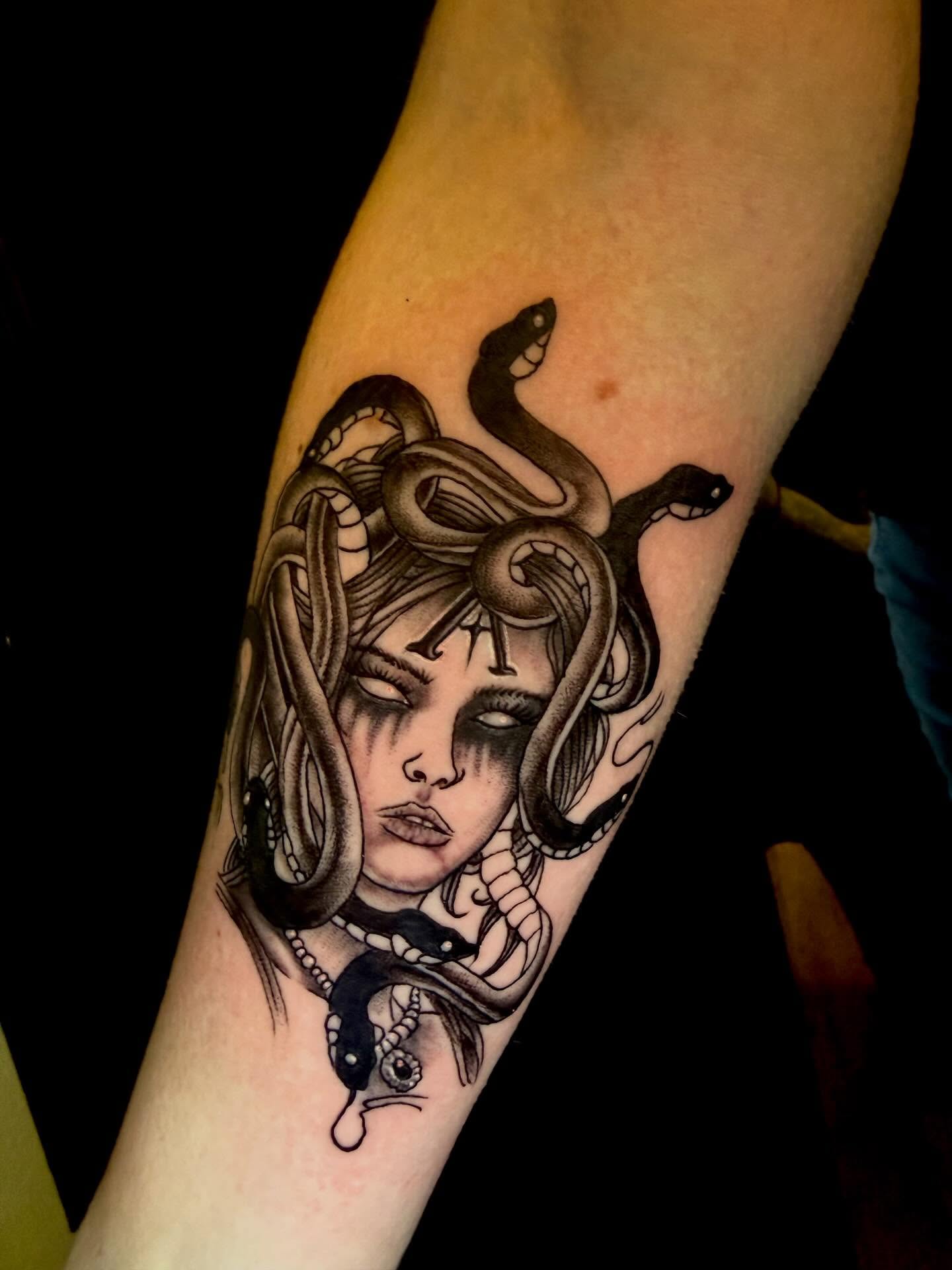 Medusa realism tattoo on the forearm by Paul Calhoun Tattoos, Englewood, Ohio