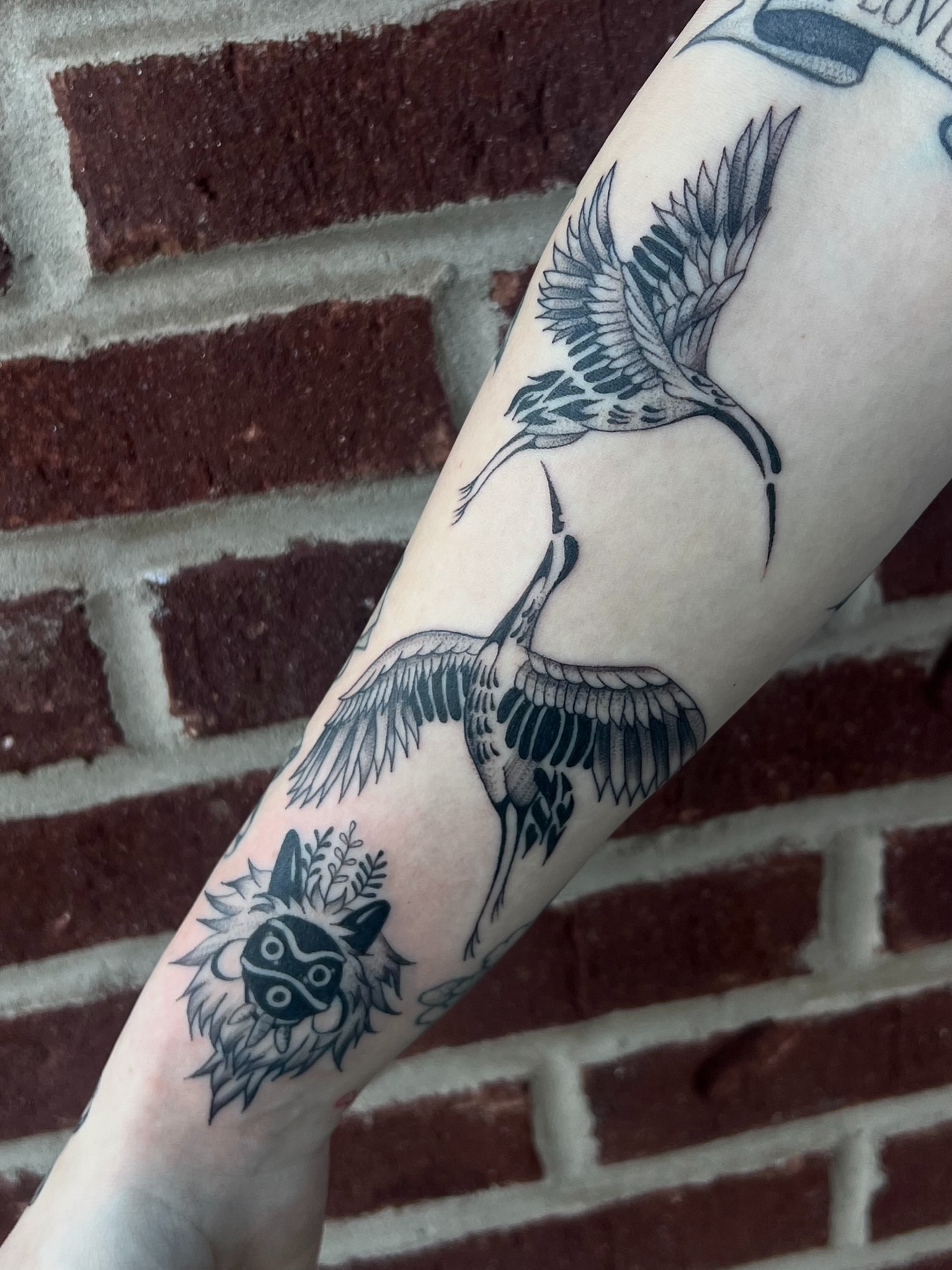 Cranes black and grey tattoo on the forearm by ashlyn rene