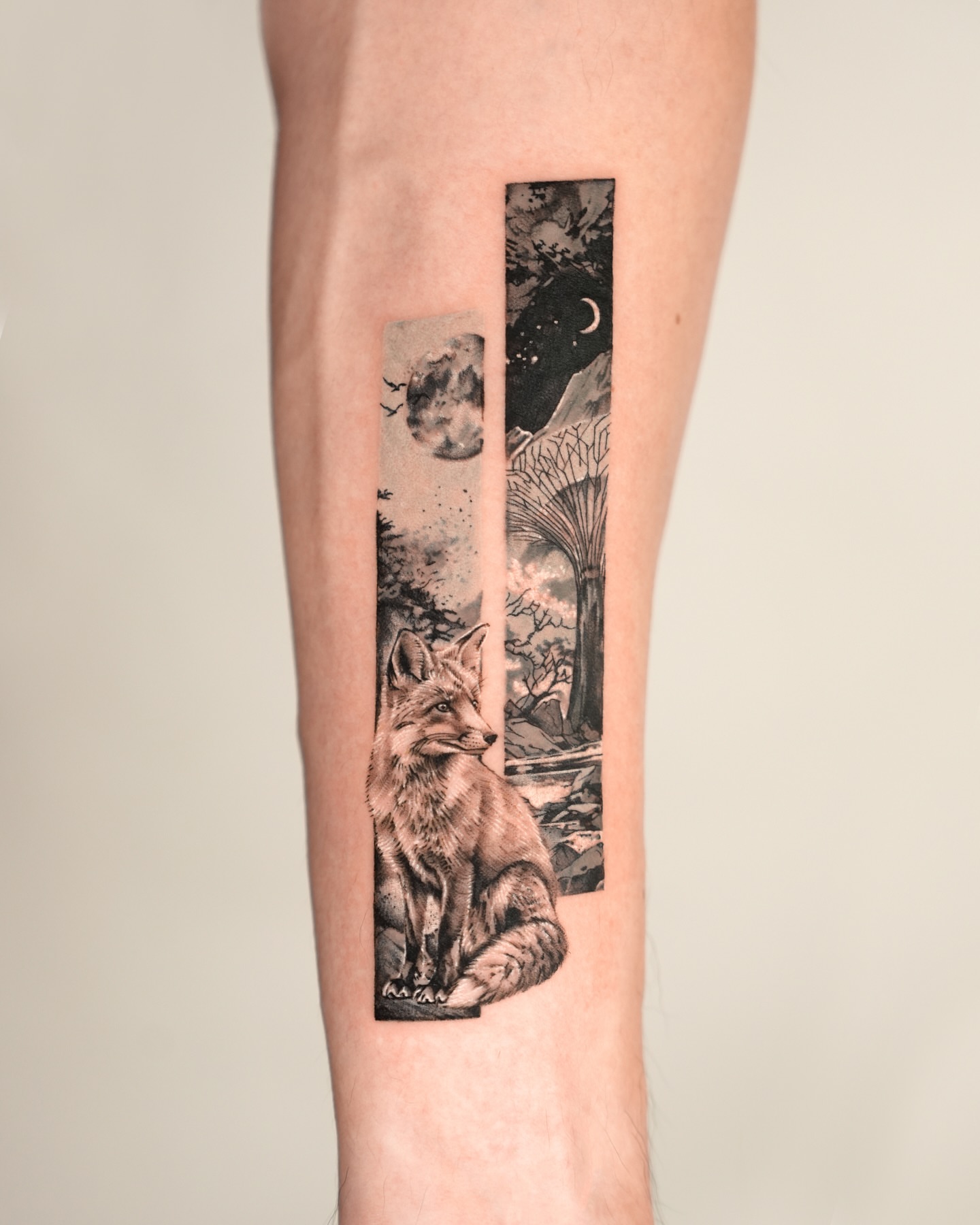 Fox realism tattoo on the calf by YUN