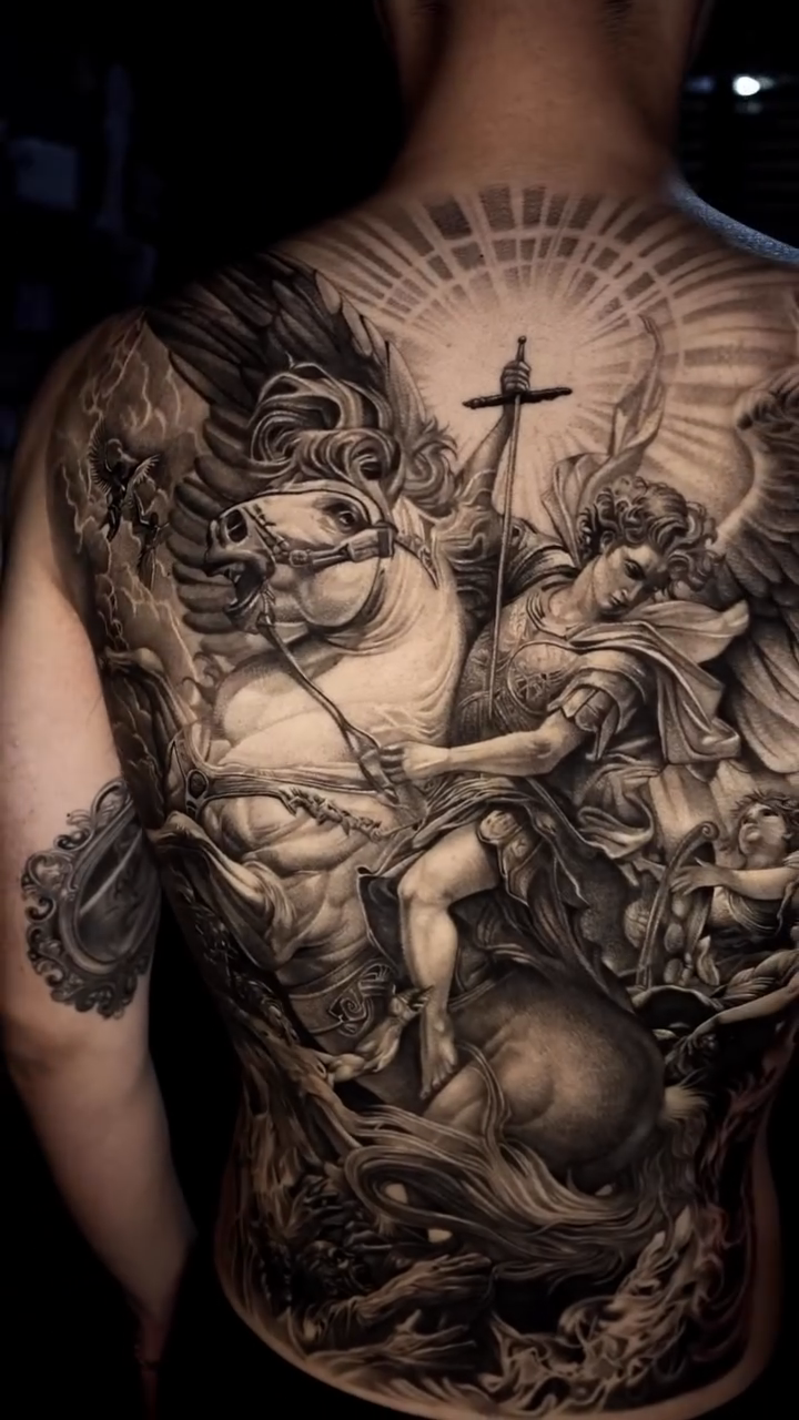 Archangel Michael battling a dragon realism tattoo by D A N N y L I N