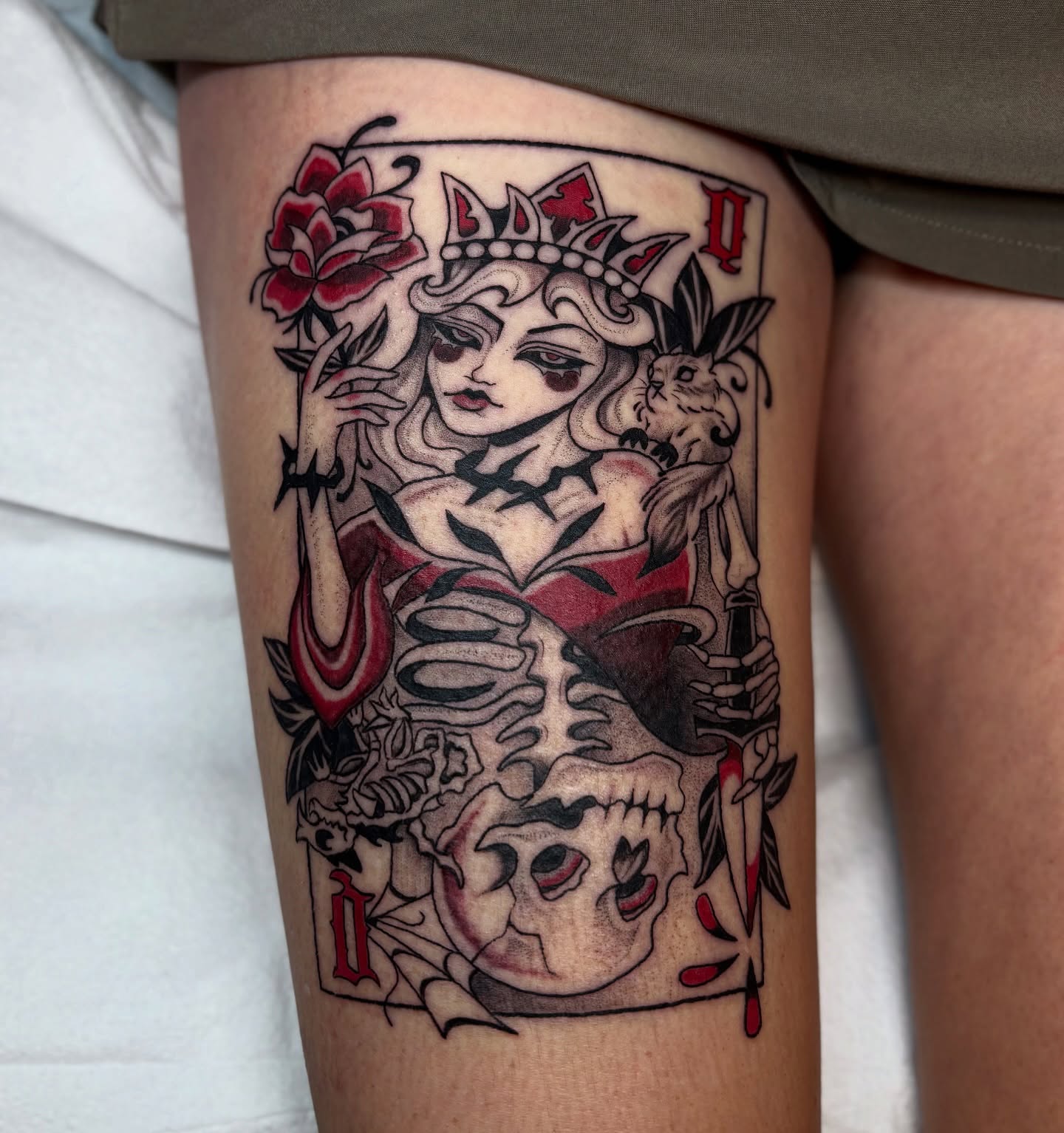 Queen of hearts American traditional tattoo on the thigh by ๐ฅ Jas ๐ฅ