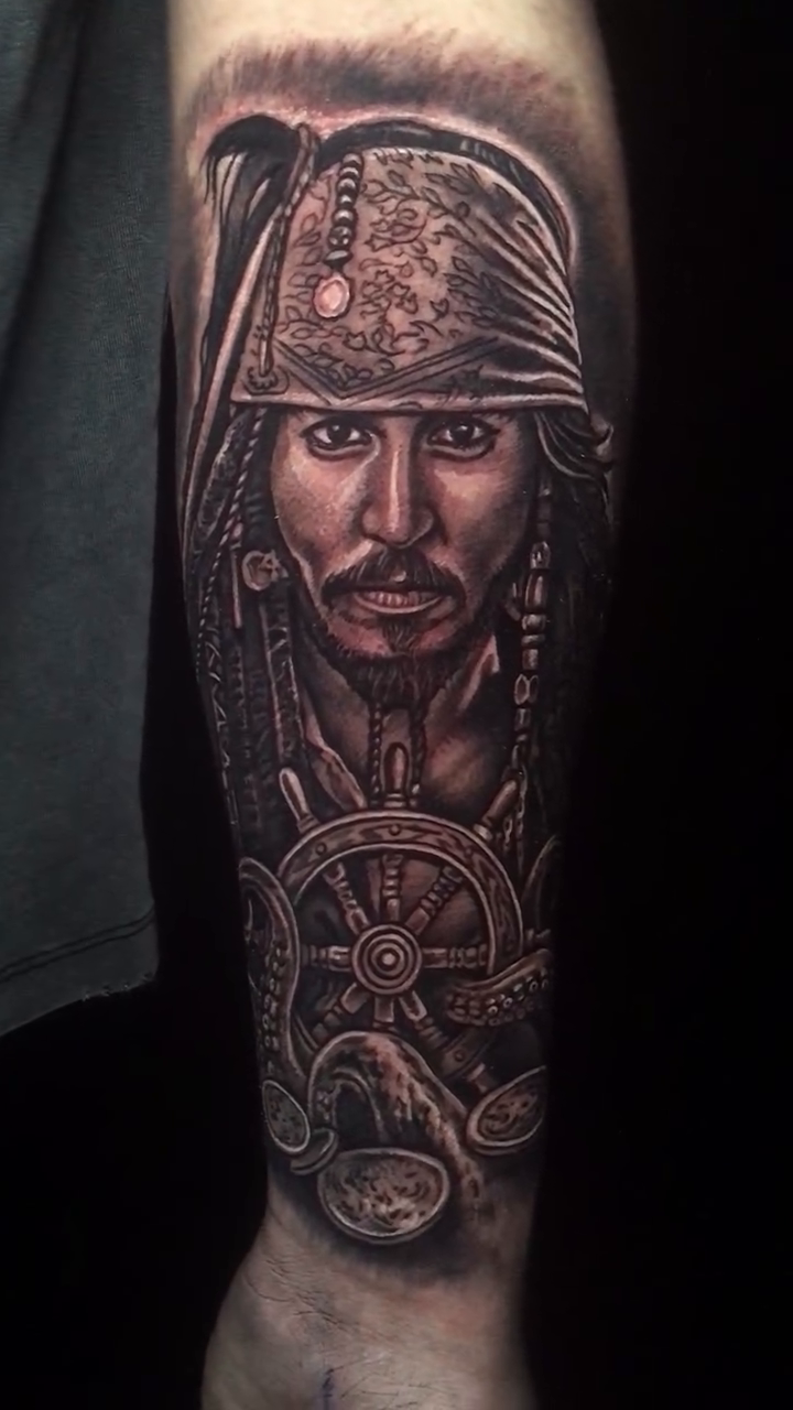 Jack Sparrow portrait realism tattoo by Jose Calderon