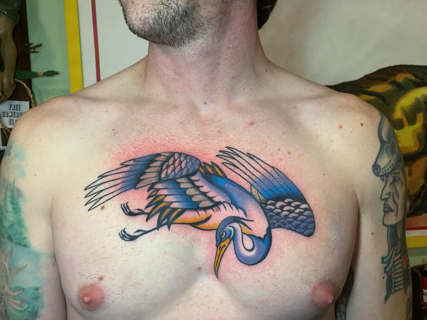 Heron American traditional tattoo on the chest by Jaclin Grace Hastings