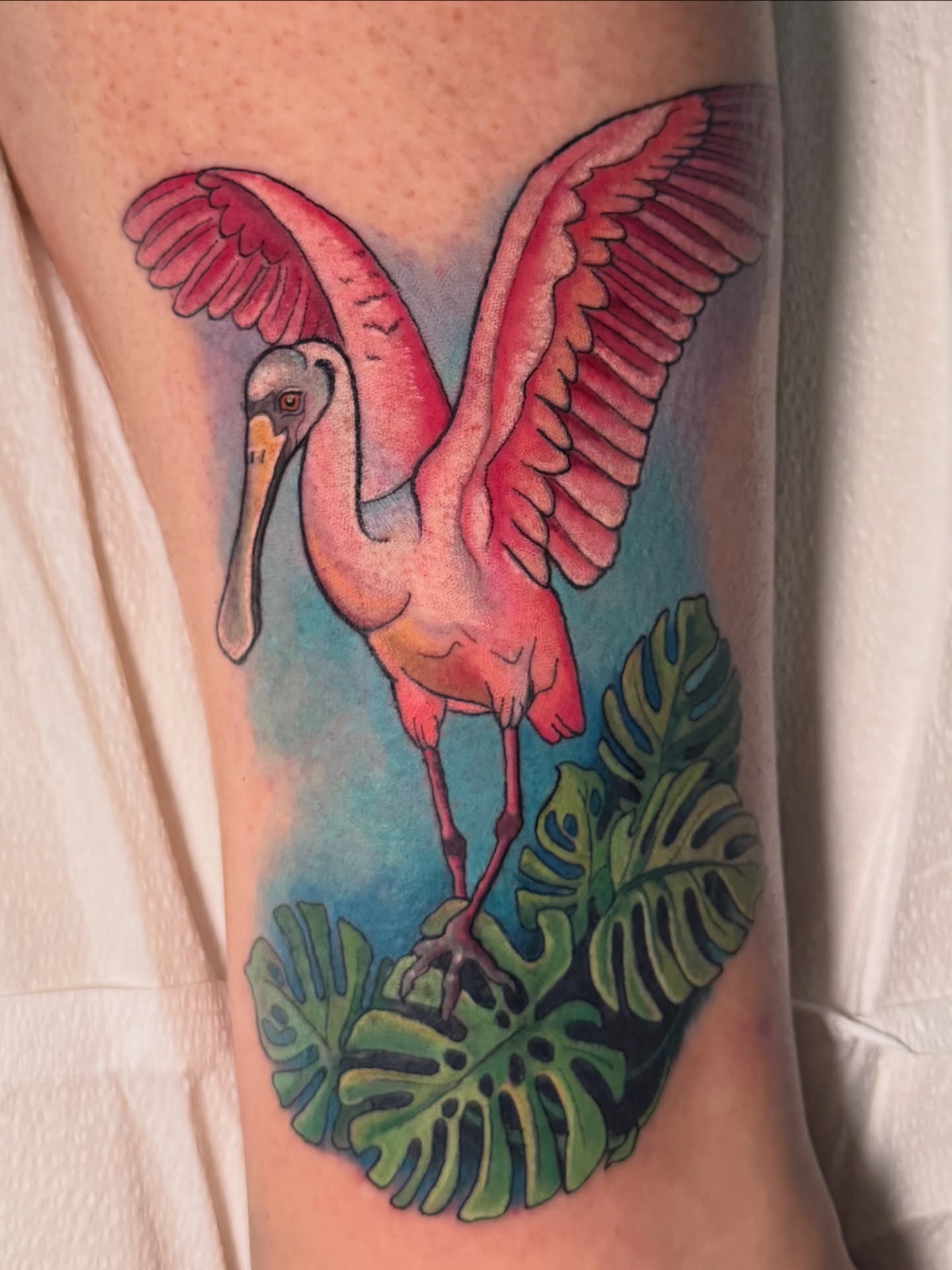Spoonbill watercolor tattoo on the thigh by Sharon Healy