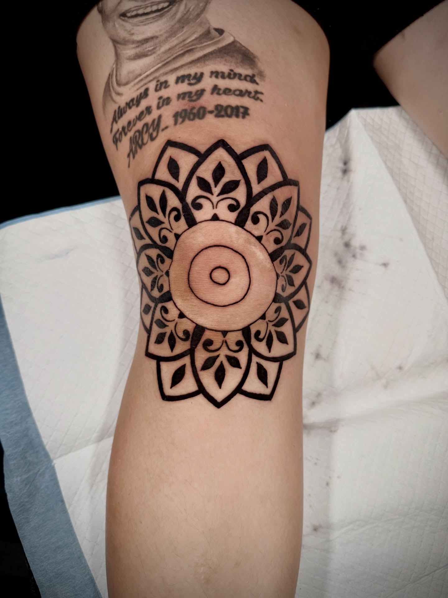 Mandala black and grey tattoo on the forearm by John Ayson, Murrieta, California