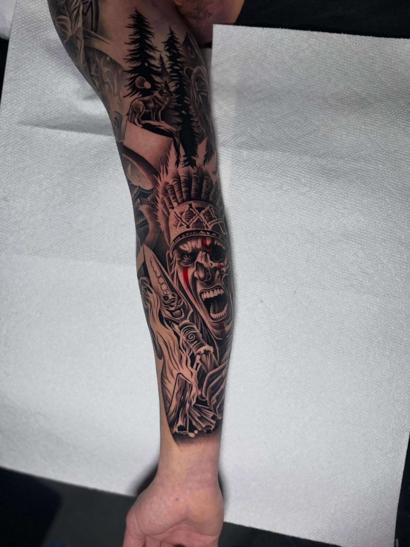 Warrior realism tattoo on the forearm by Miles Johnson