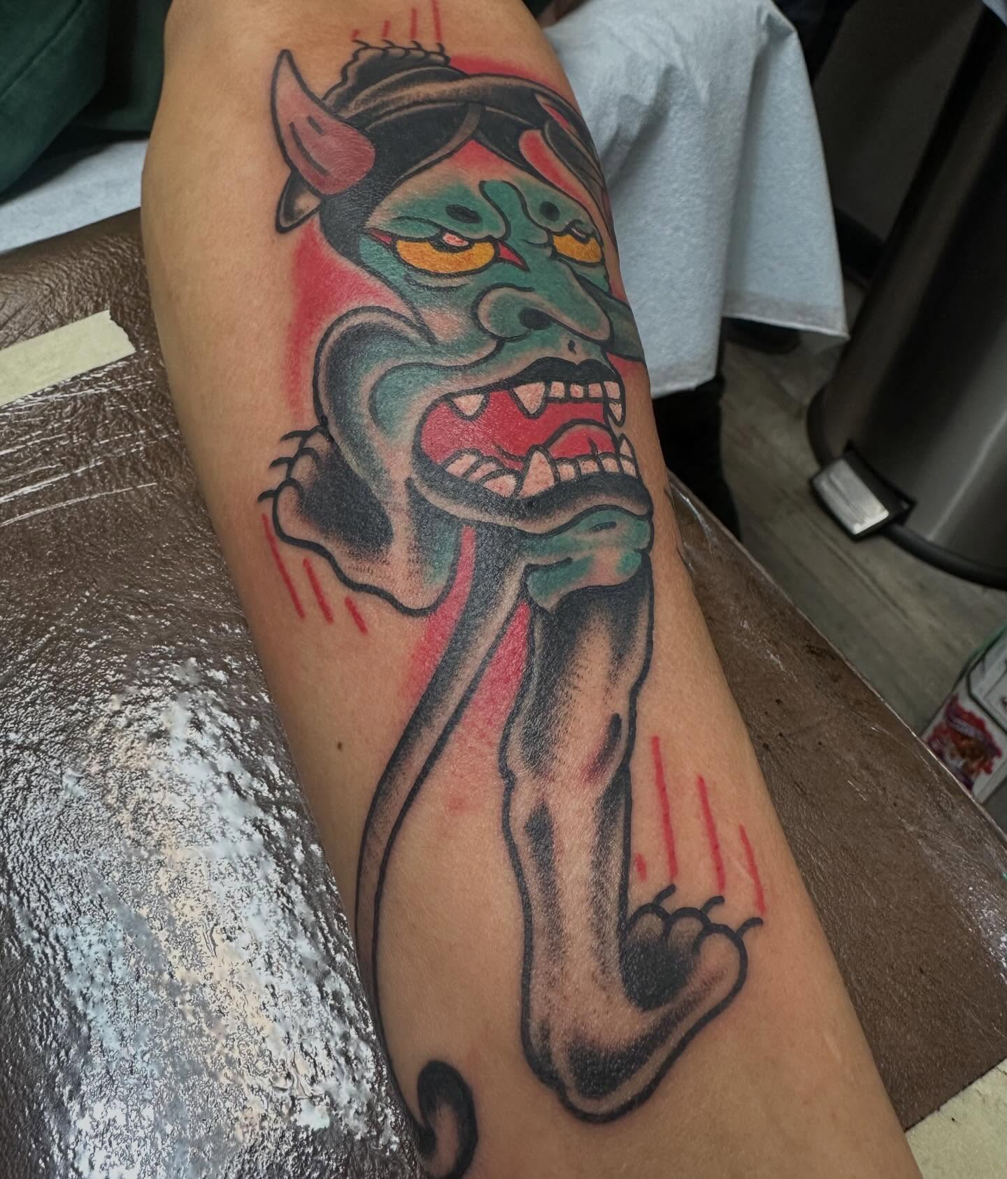 Demon American traditional tattoo on the forearm by Devin Spenny