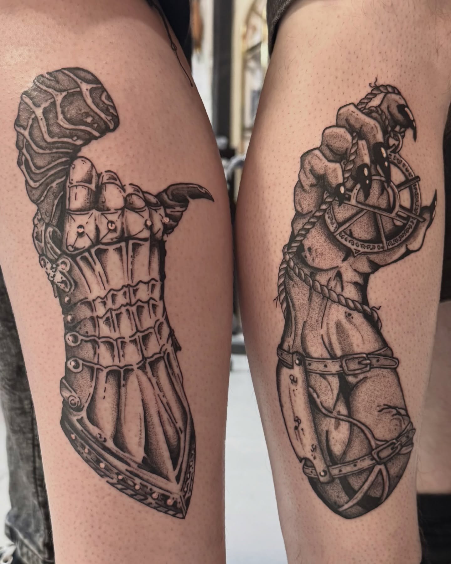 Armor and rope black and grey tattoo on the thigh by jake.inks