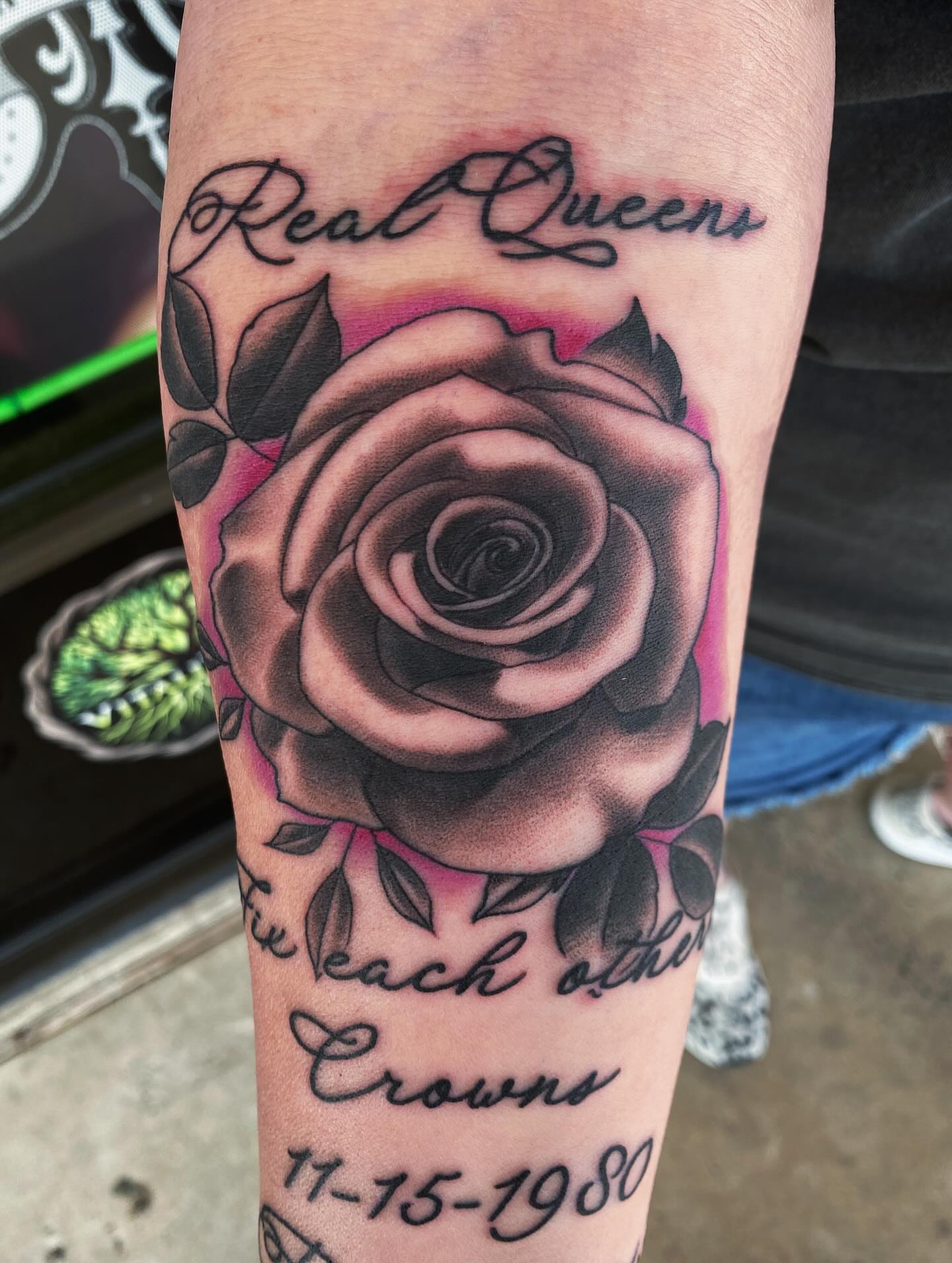 Rose black and grey tattoo on the forearm by Houston tattoo artist