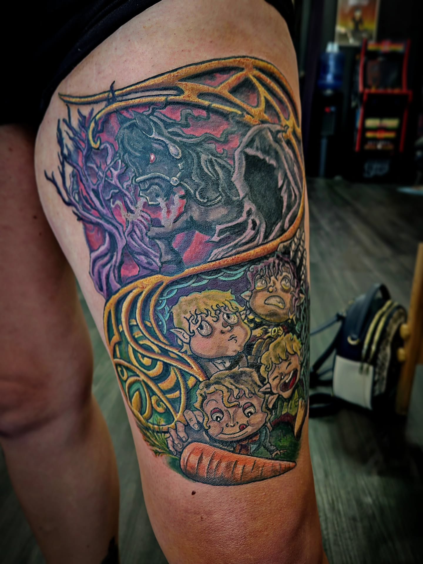 The lord of the rings characters dotwork tattoo on the thigh by Angie Griffith 🥰, Glendale, Arizona