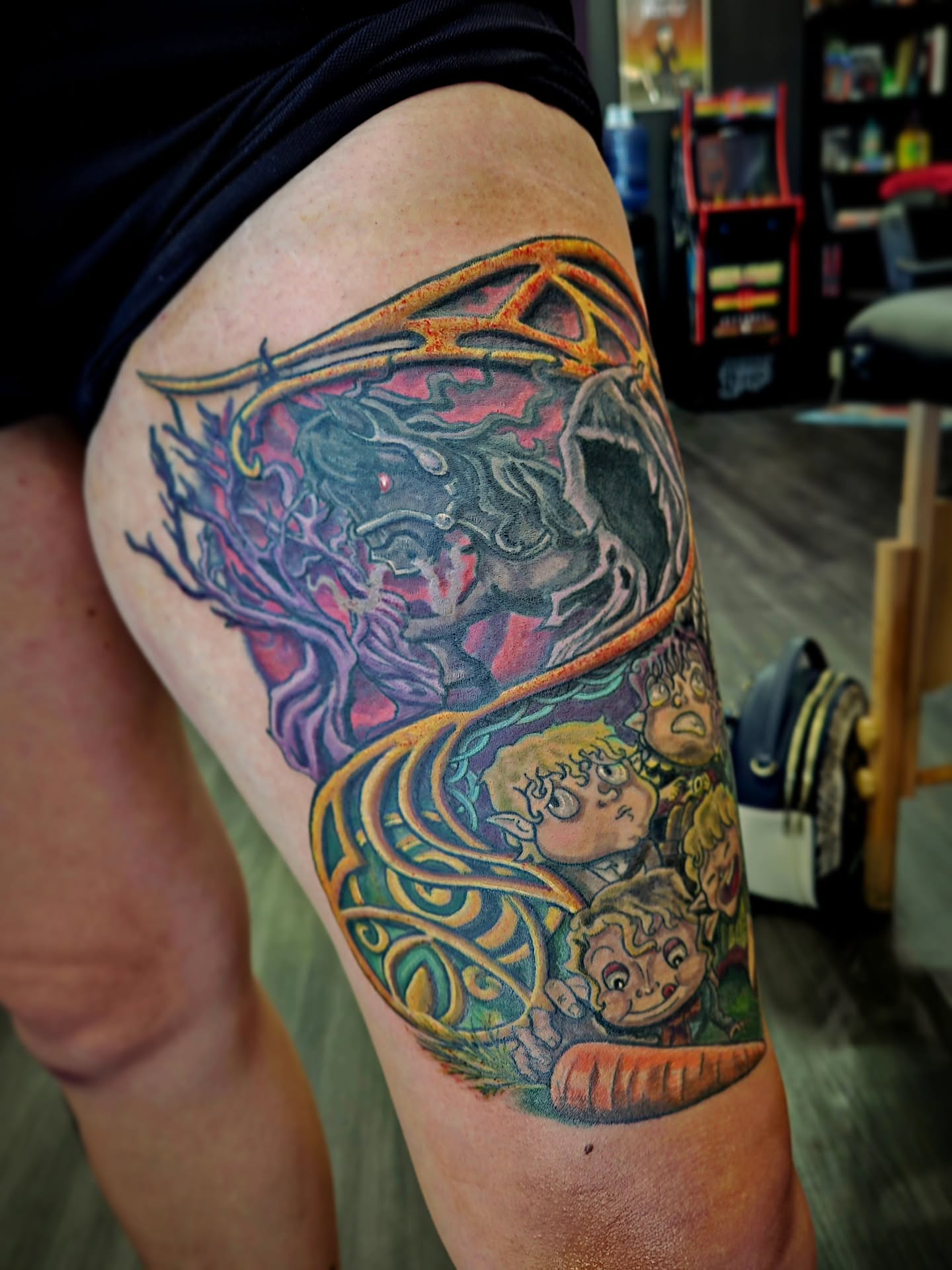Fantasy scene illustrative tattoo on the thigh by Angie Griffith 🥰, Glendale, Arizona
