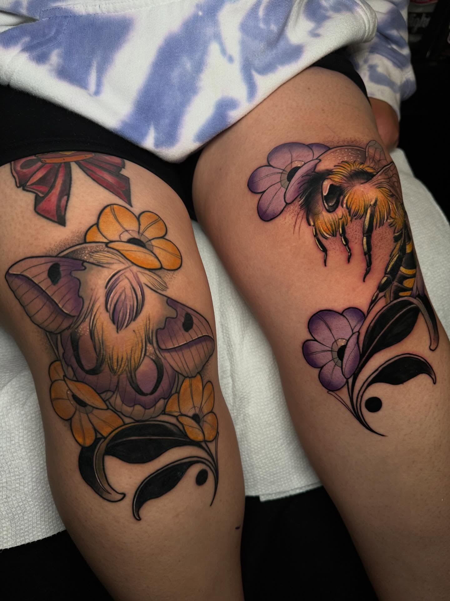 Insect and flowers American traditional tattoo on the thigh by Robert Graye