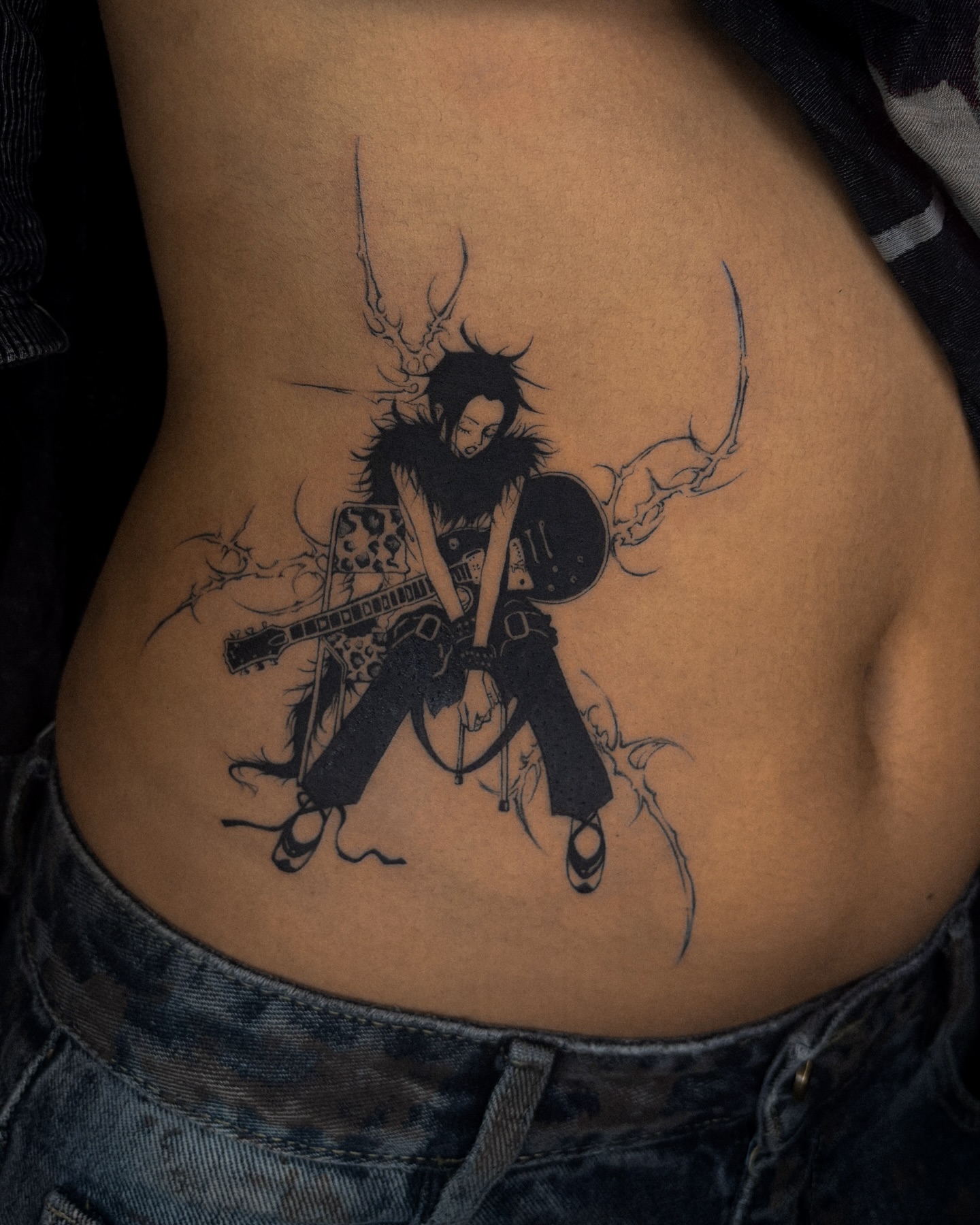 Musician playing guitar black and grey tattoo on the torso by ☆ gia
