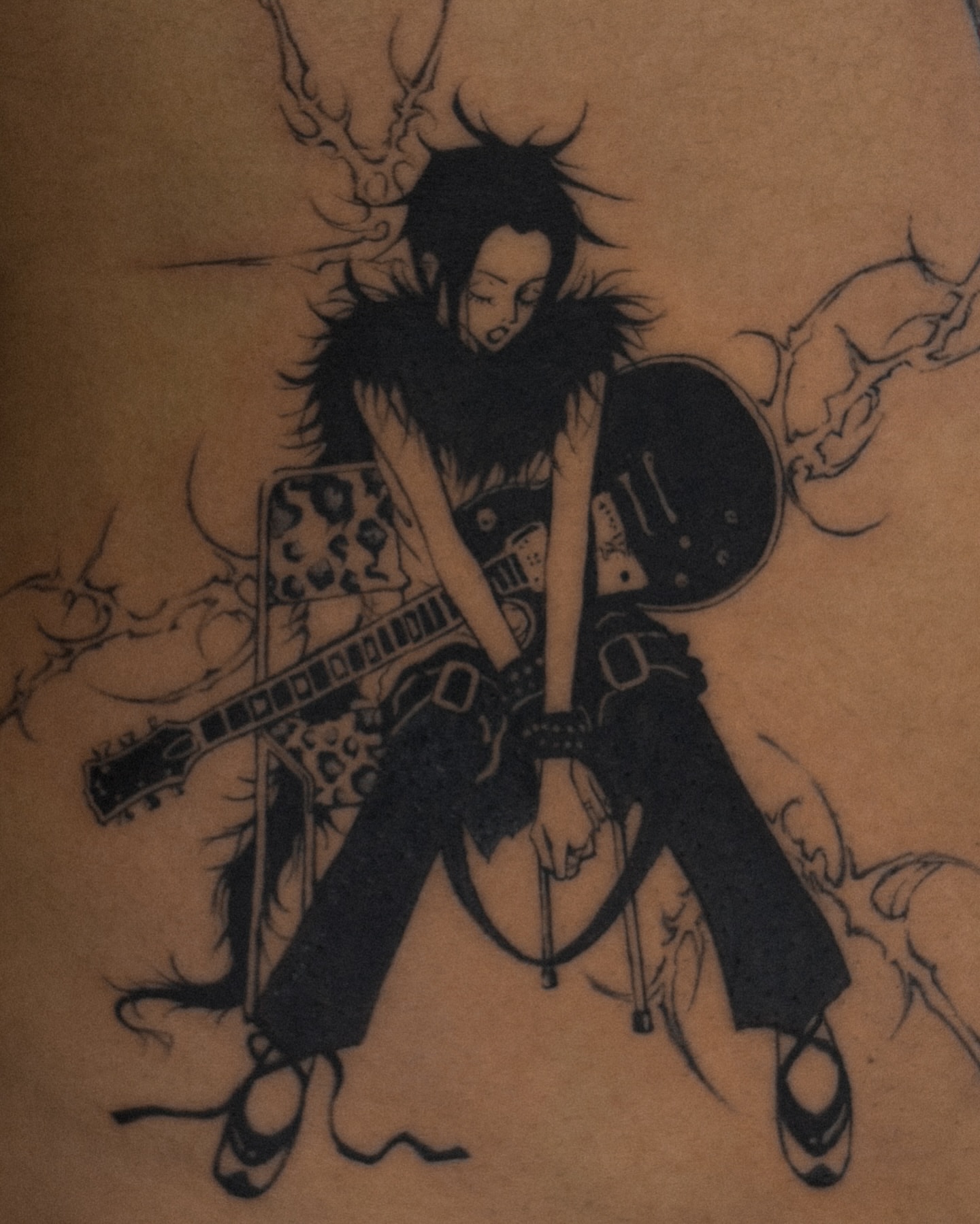 Guitarist anime tattoo on the thigh by ☆ gia