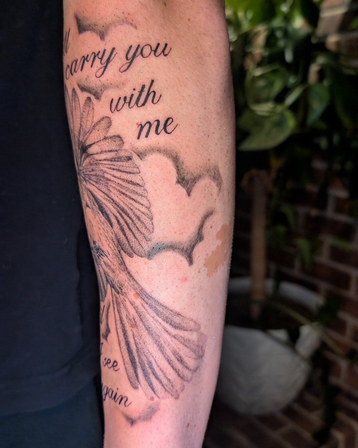 Hummingbird and heart black and grey tattoo on the forearm by Arminda Walborn