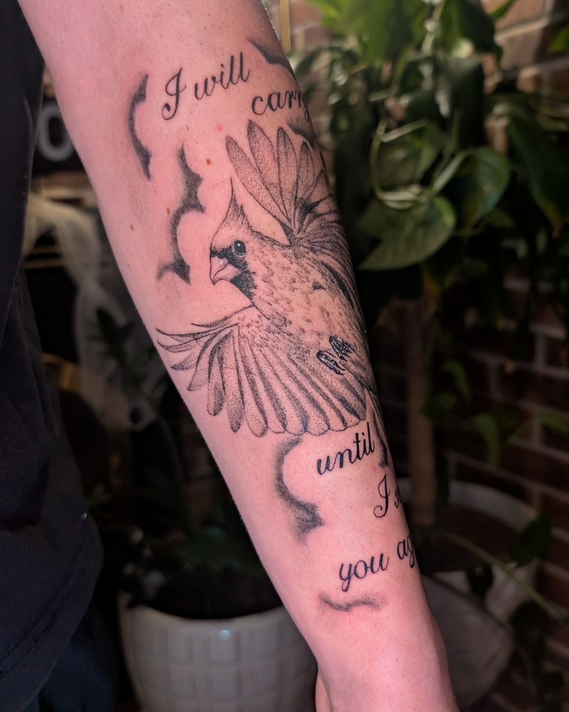 Bird black and grey tattoo on the forearm by Arminda Walborn