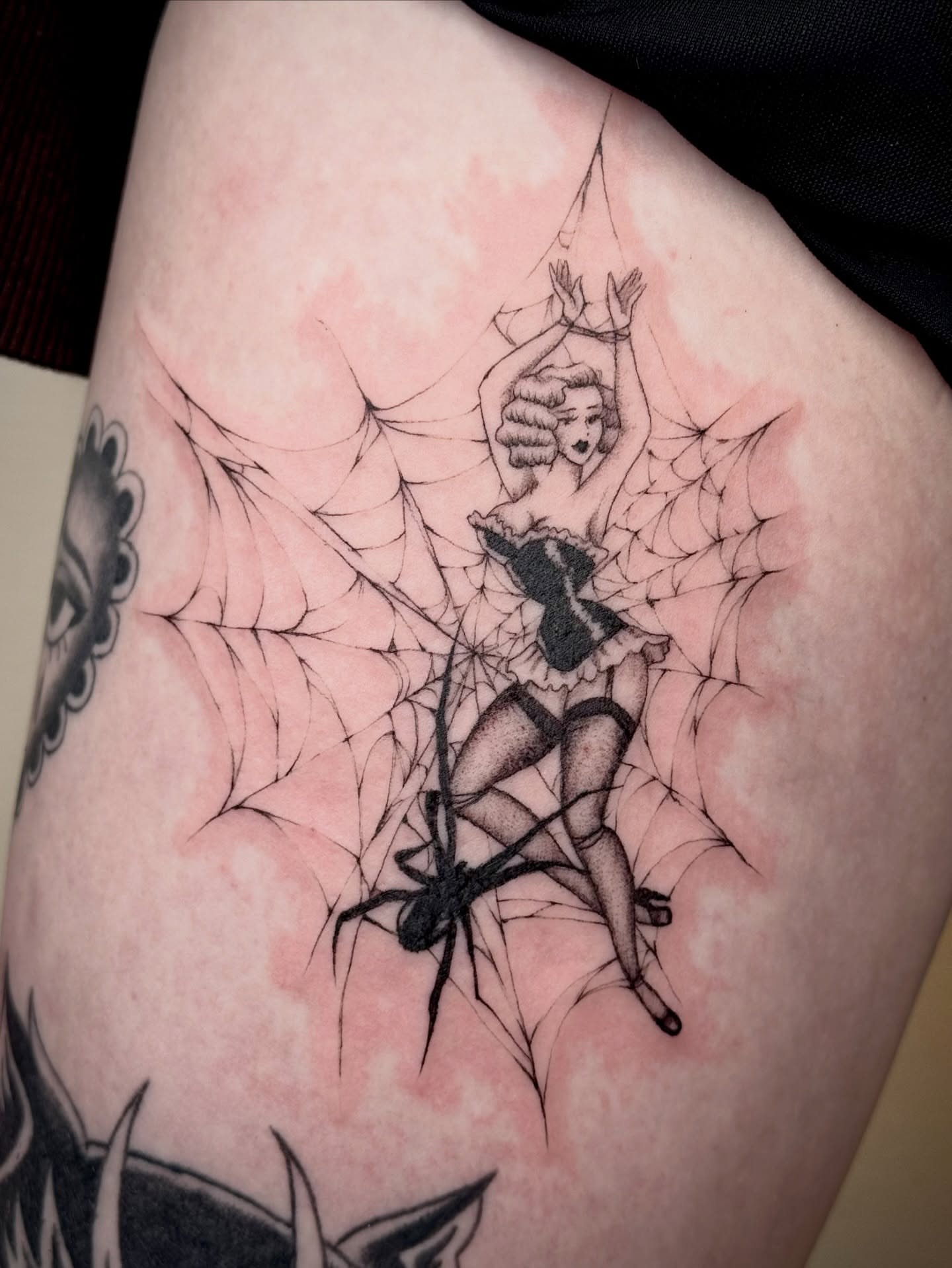 Spiderweb and woman realism tattoo on the thigh by Zornitsa ☆