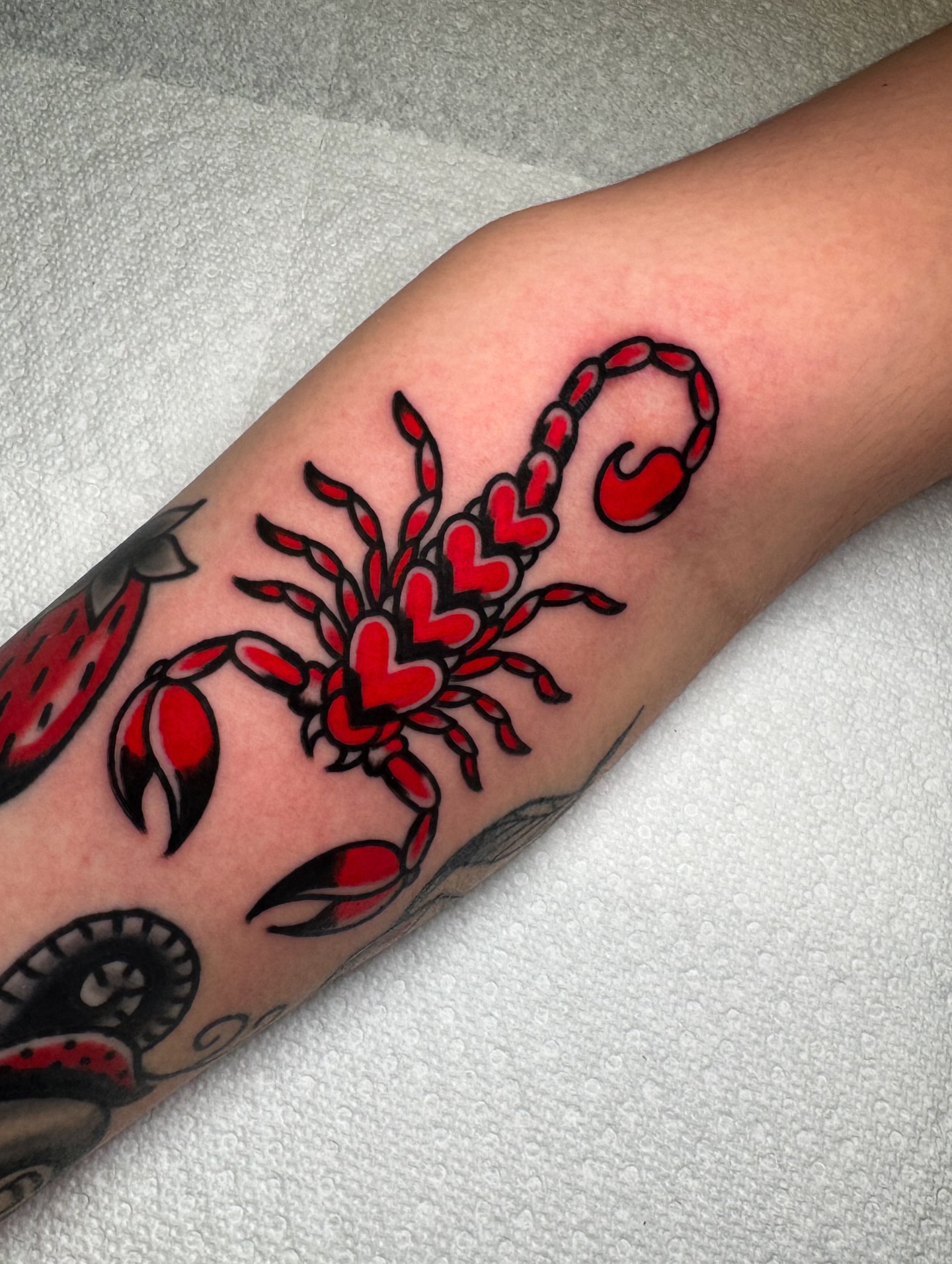 Heart-shaped scorpion American traditional tattoo on the forearm by Alex Kass 🥩 San Antonio TX, San Antonio, Texas