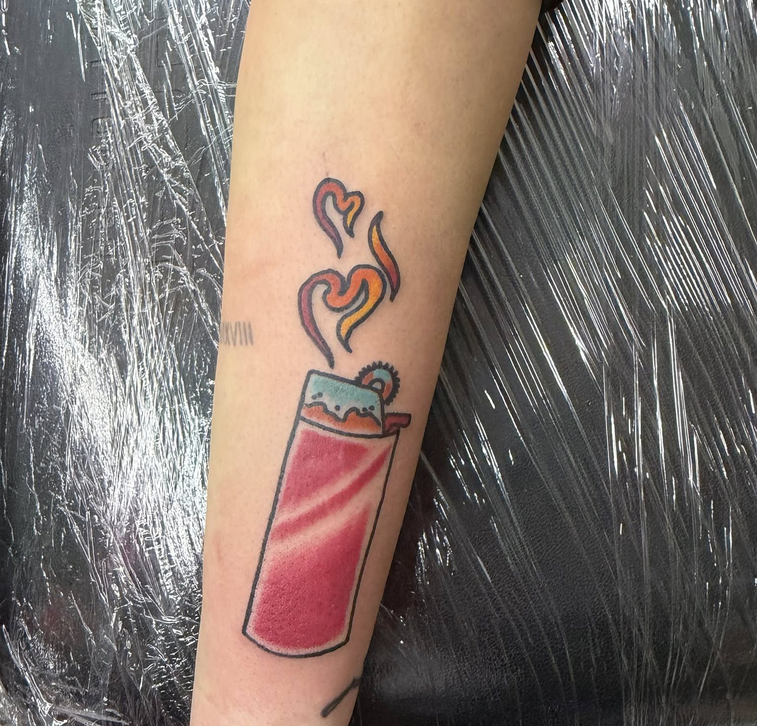 Hot drink new school tattoo on the forearm by Corey Bailey, Stanton, Kentucky