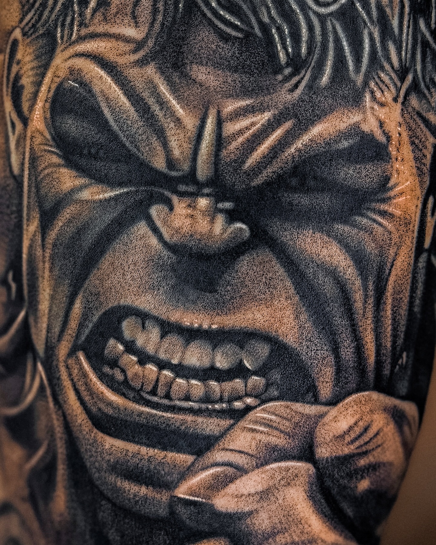 Angry hulk realism tattoo on the forearm by Mak$ Brand
