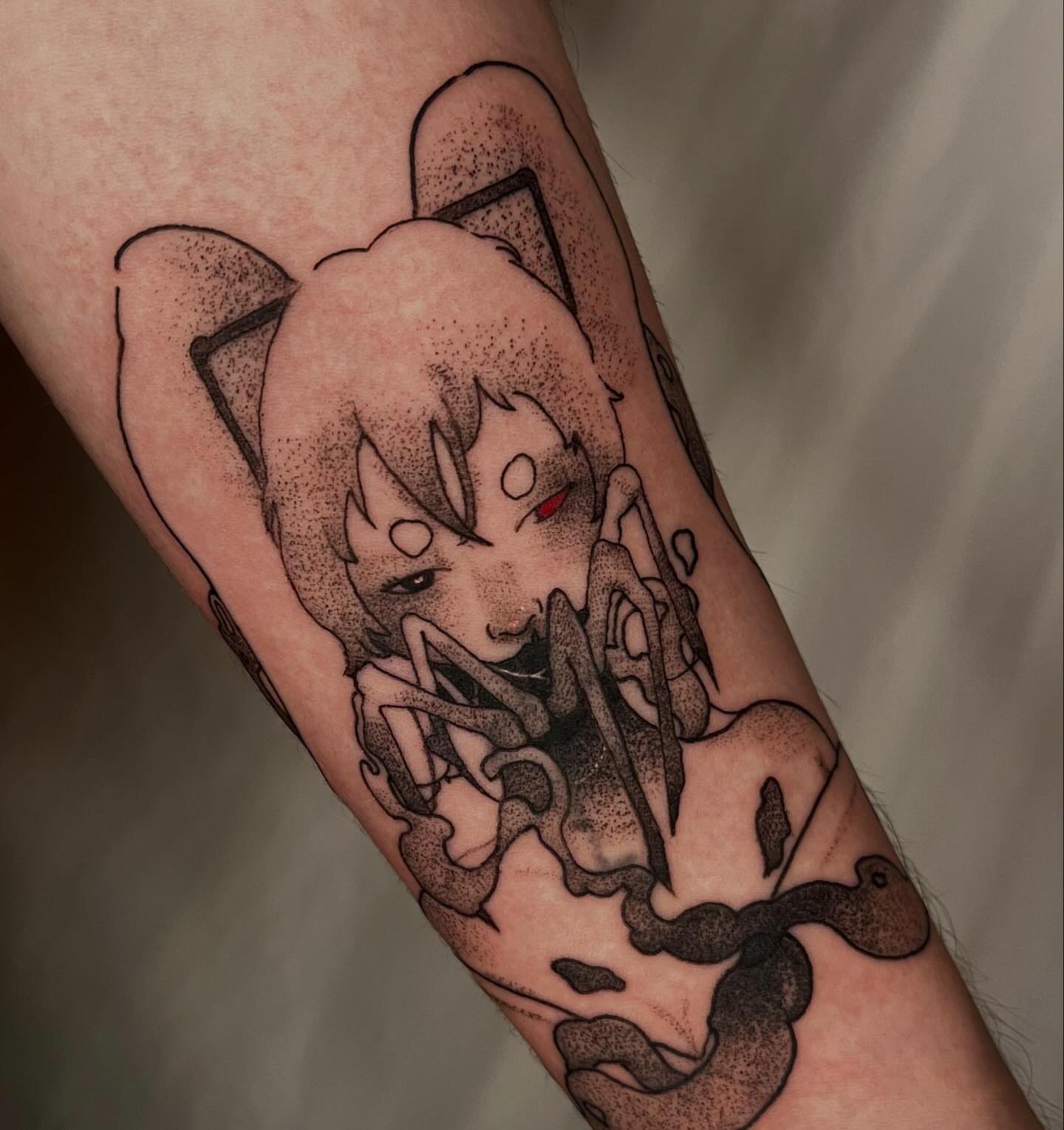 Tattoo by @pitypostcard — dotwork, anime