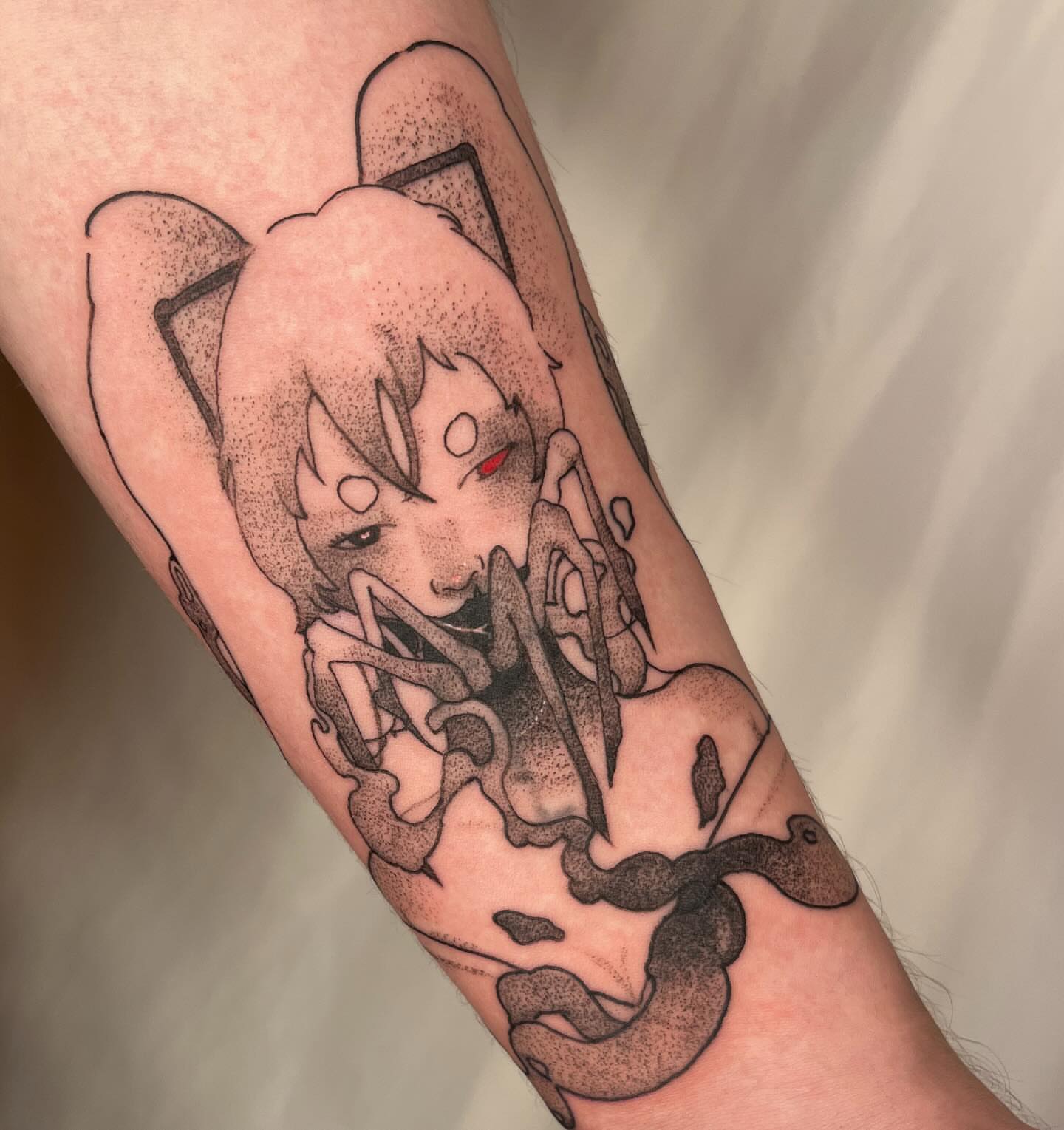 Tattoo by @pitypostcard — dotwork, anime