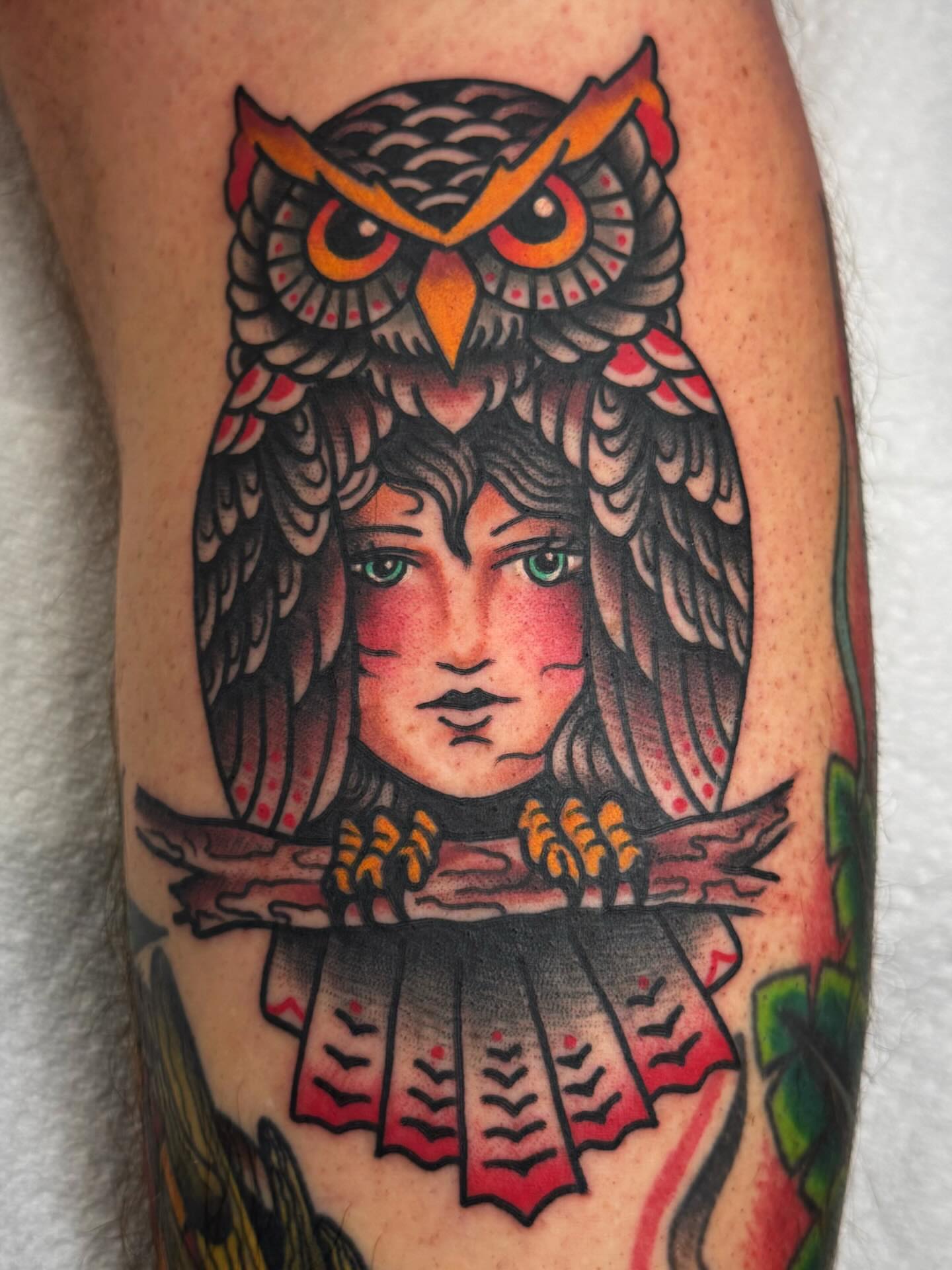 Owl and woman American traditional tattoo on the forearm by Mikey Sarratt