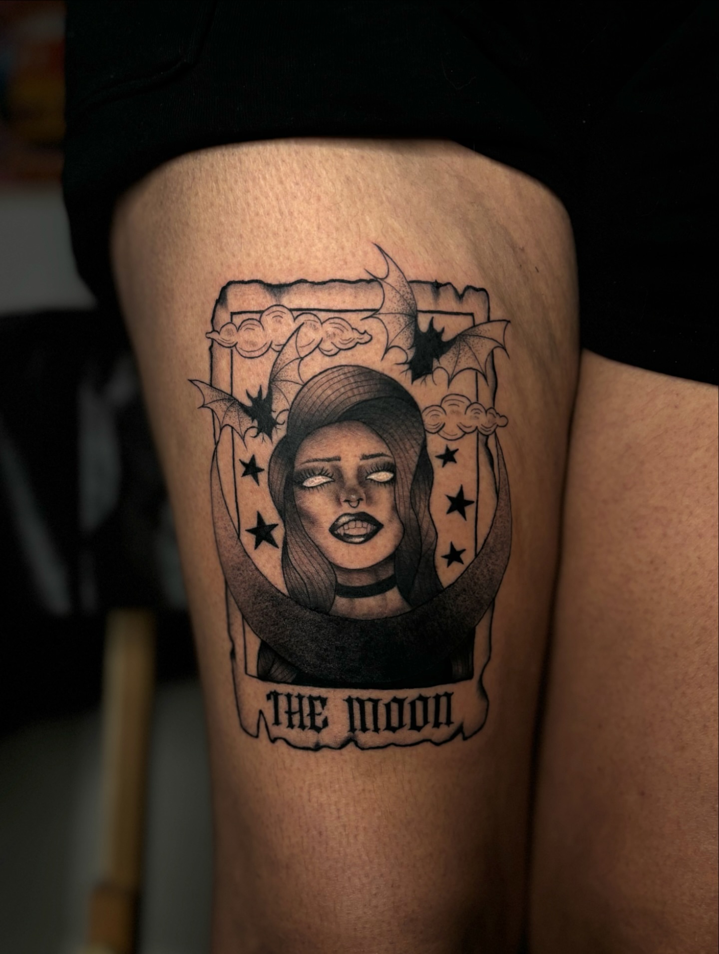 The moon dark realism tattoo on the thigh by the ink witch ๐ฎ๐ค๐