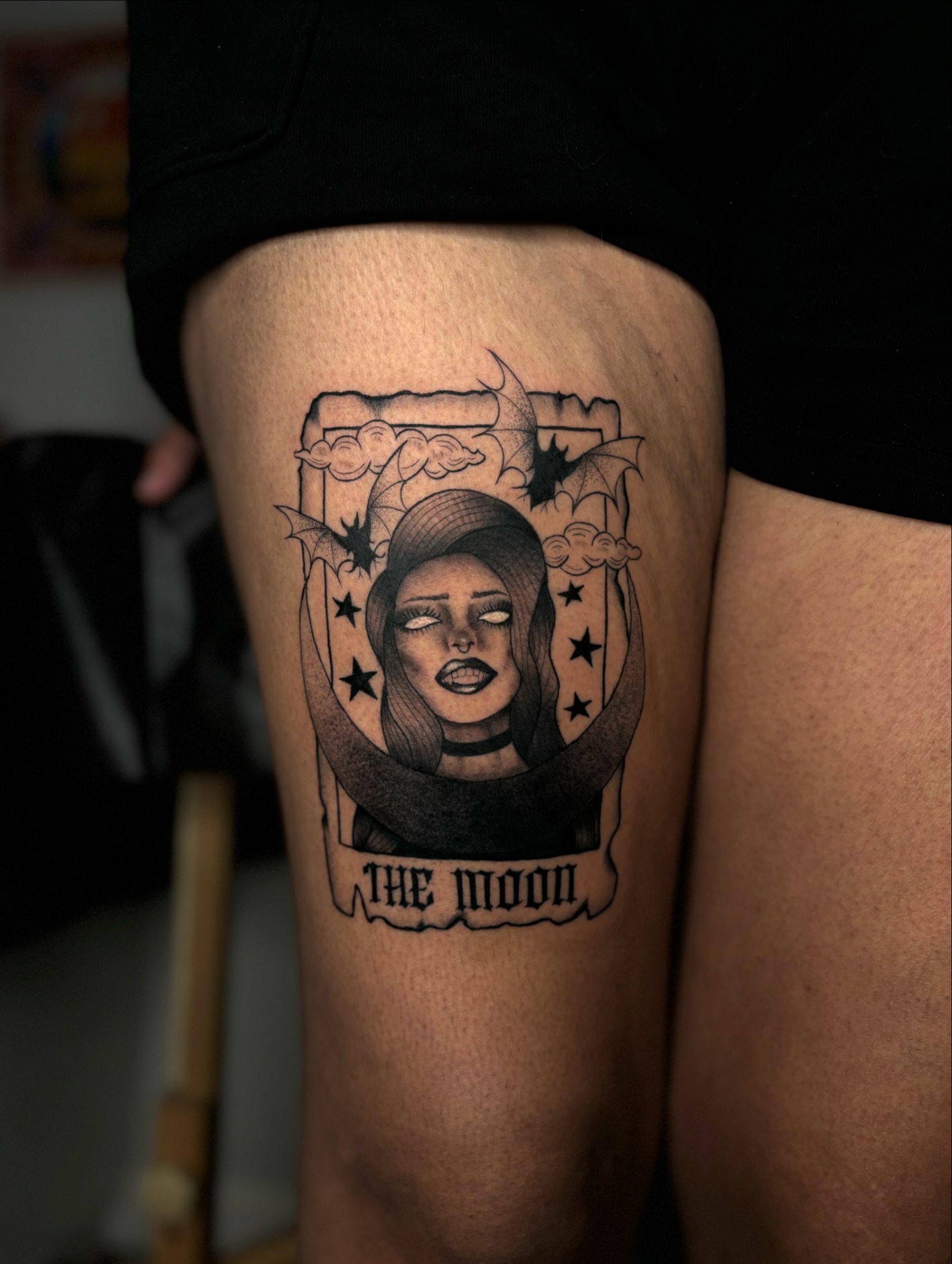 The moon black and grey tattoo on the thigh by the ink witch ๐ฎ๐ค๐