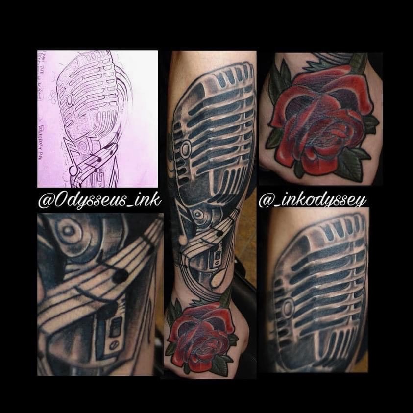 Microphone and roses American traditional tattoo on the forearm by @juiceinkythings